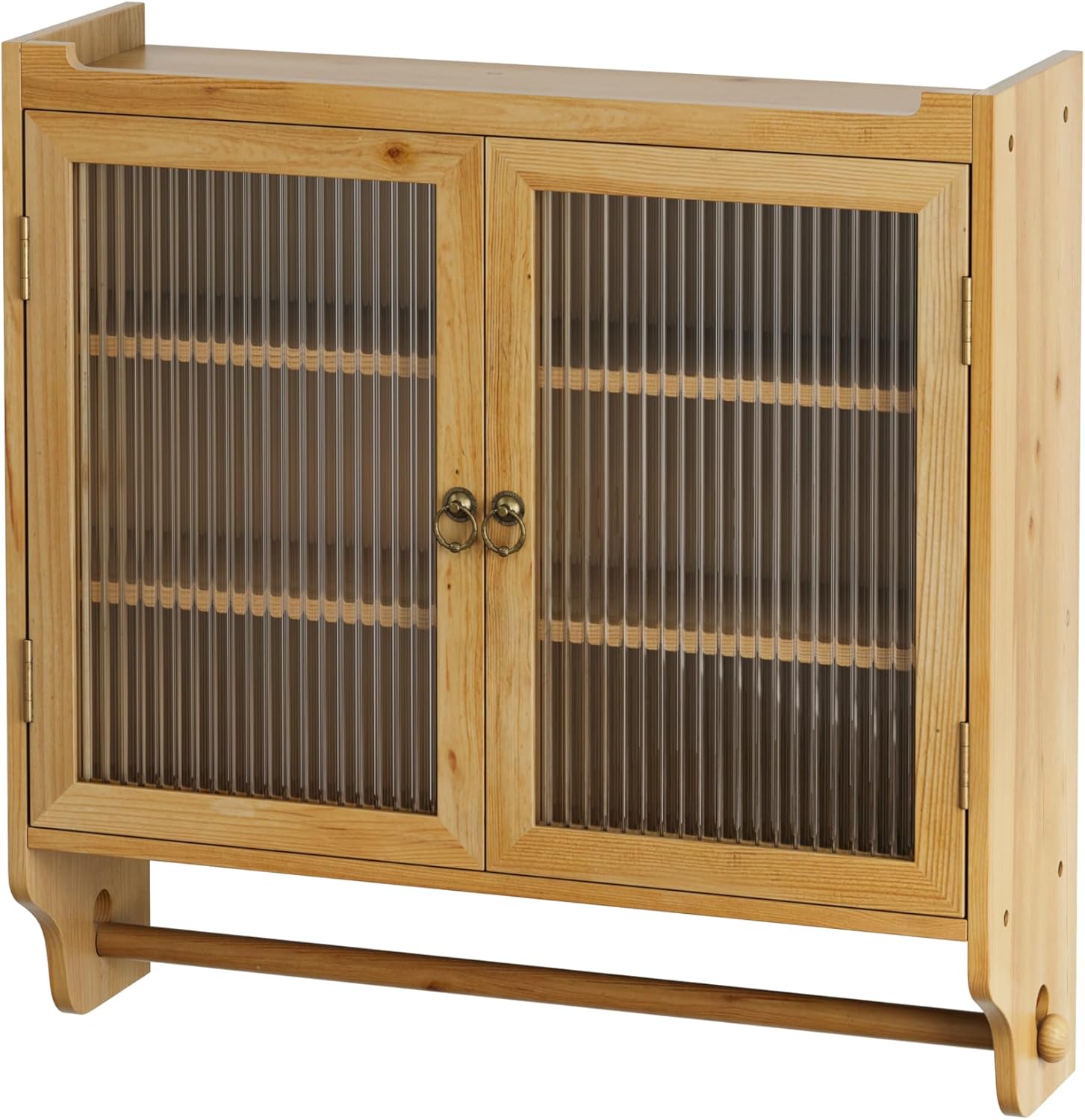 Retro Style Haze Double Glass Door Wood Wall Cabinet with Detachable Shelves for Office, Dining Room,Living Room, Kitchen and Bathroom Natural