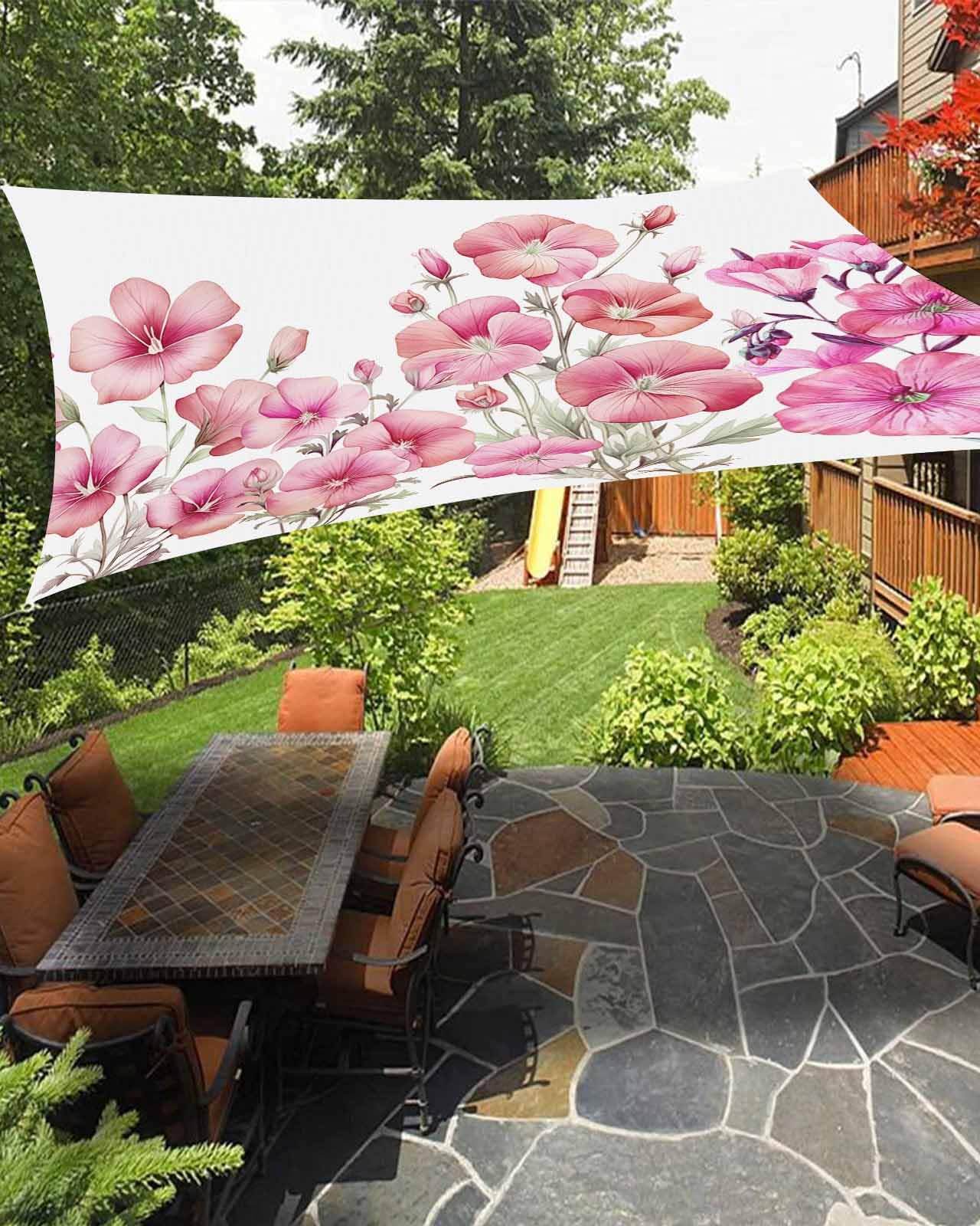 Pink Red Floral Sun Sail Shades Rectangle Canopy,Sunlight Block Heavy Duty Curved Backyard Shade Cover,Waterproof Sun Shades for Patios Garden Outdoor,14'x18' Spring Summer Wildflower Watercolor White