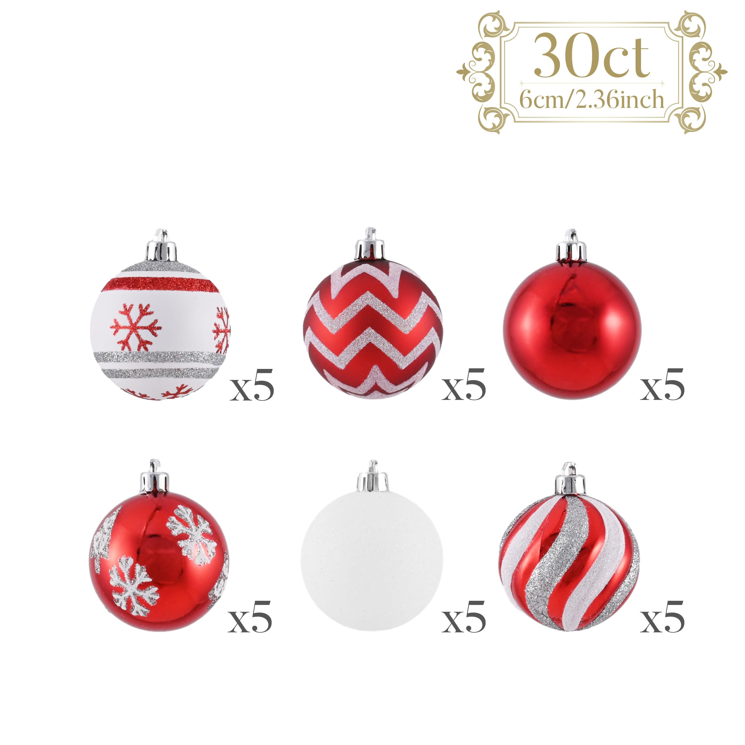 Valery Madelyn Lot de 30 décorations de Noël incassables pour sapin de Noël, rouge et blanc, 6 cm, décorations à suspendre en vrac pour fête de Noël