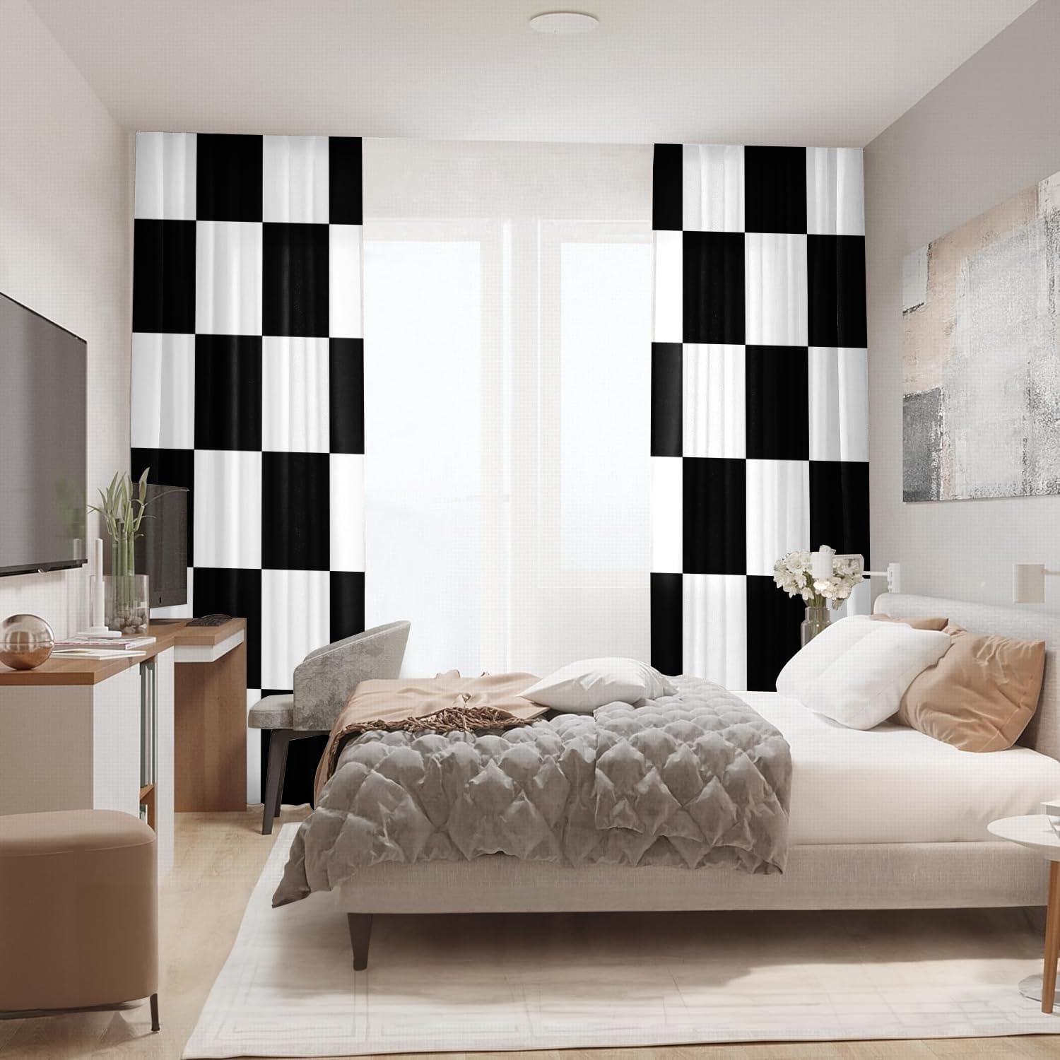 Black and White Curtains for Bedroom,Rod Pocket Checkered Semi Sheer Curtains Retro Plaid Light Filtering Curtains & Drapes for Living Room,Set of 2 Modern Window Curtain Panels,52 x 84 Inch