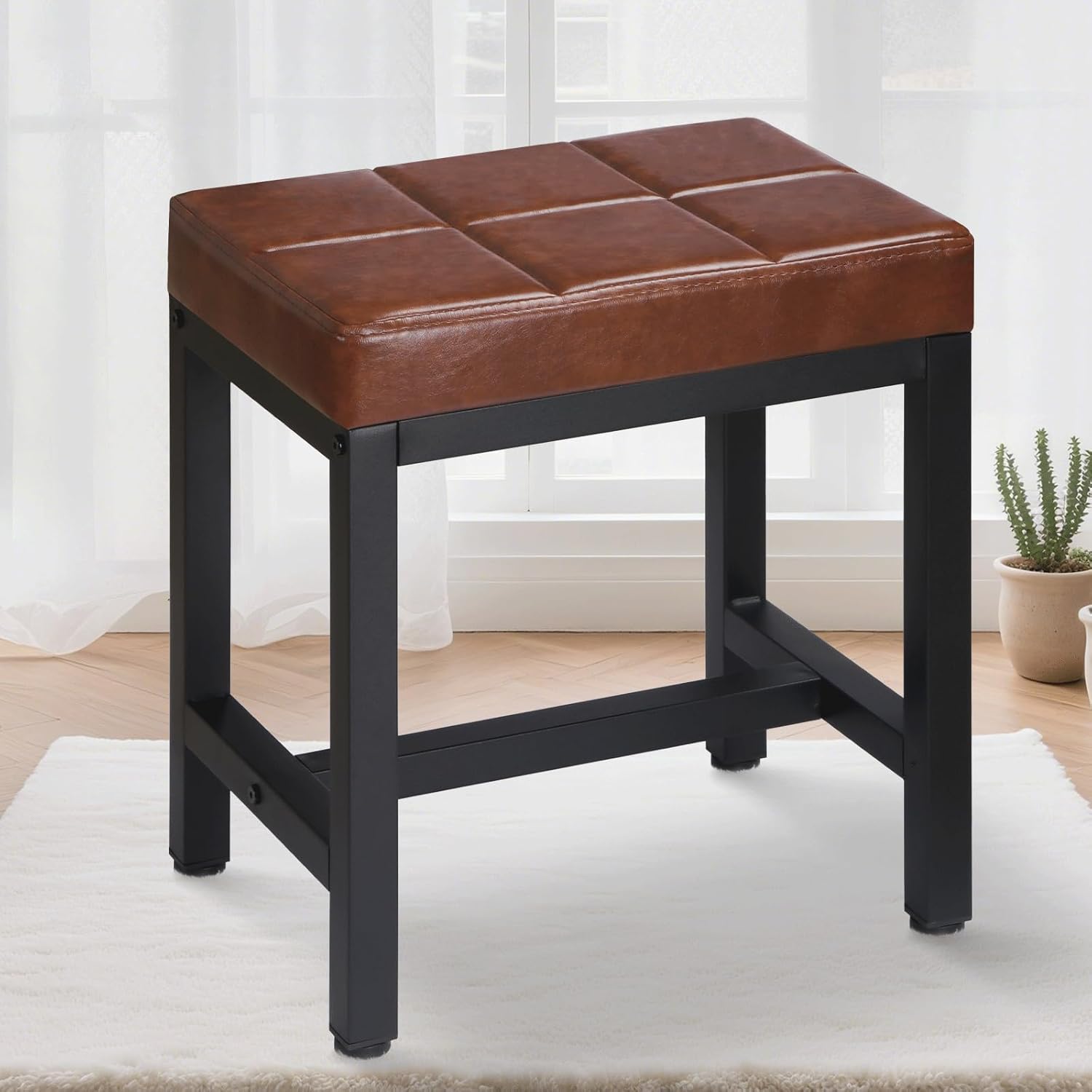 Vanity Stool, Vanity Chair for Makeup Room, Square Faux Leather Small Ottoman Foot Stool with Metal Legs, Modern Makeup Chair for Bedroom, Living Room, Brown