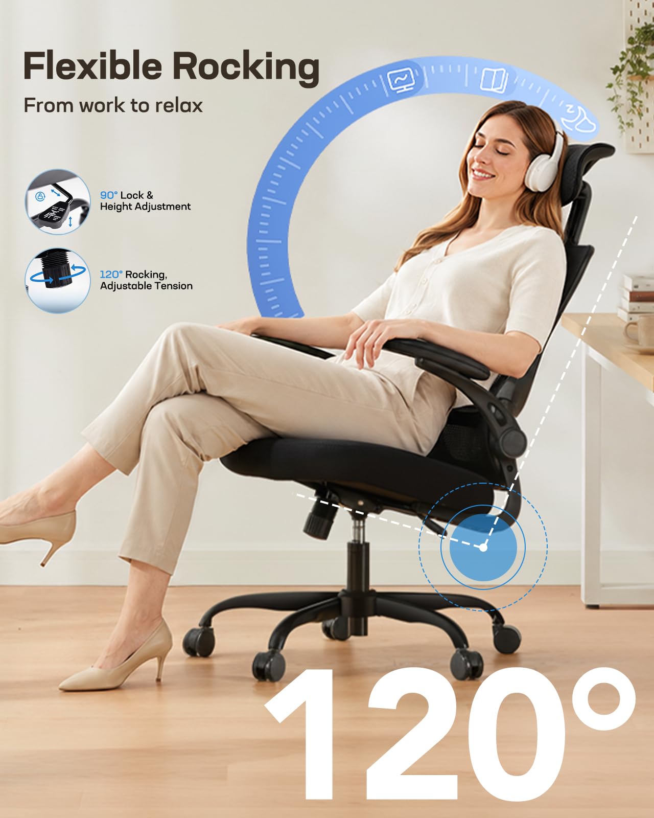 HUANUO Ergonomic Office Chair, High Back Computer Desk Chair with Adjustable Lumbar Support and Headrest, Comfy Gaming Chair with 3D Armrests, Home Office Rolling Chair, Max Load 300 lbs