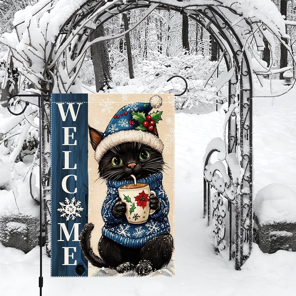 Christmas Welcome Cat Garden Flag 12x18 Inch Double-Sided Burlap Holiday Decor Featuring Snowy Kitty with Hot Cocoa - Image 2