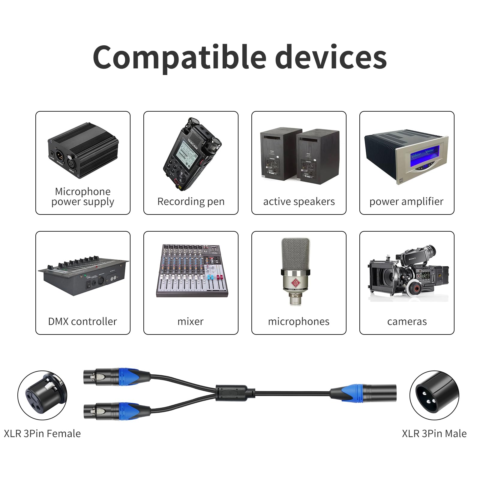 1 Male to 2 Female XLR Y Splitter Micrphone Cable, 3pin XLR Female to Dual XLR Male Y-Splitter Balanced Mic Audio Cables for Stereo Mic to L & R Audio Track (1.6FT / 2 Pack