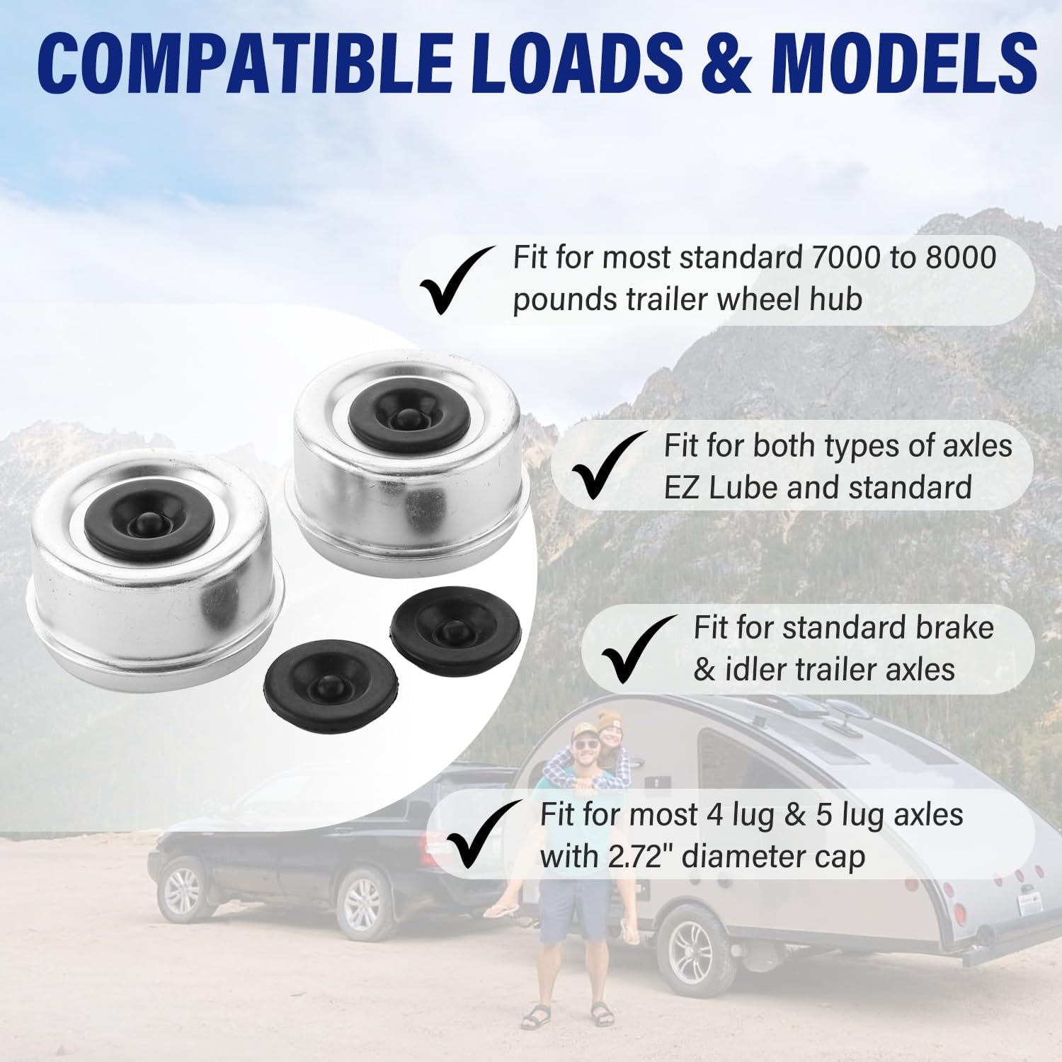 4 PCS 2.72'' Traile Axle Wheel Dust Cap Trailer Grease Cap w/8 Rubber Plugs