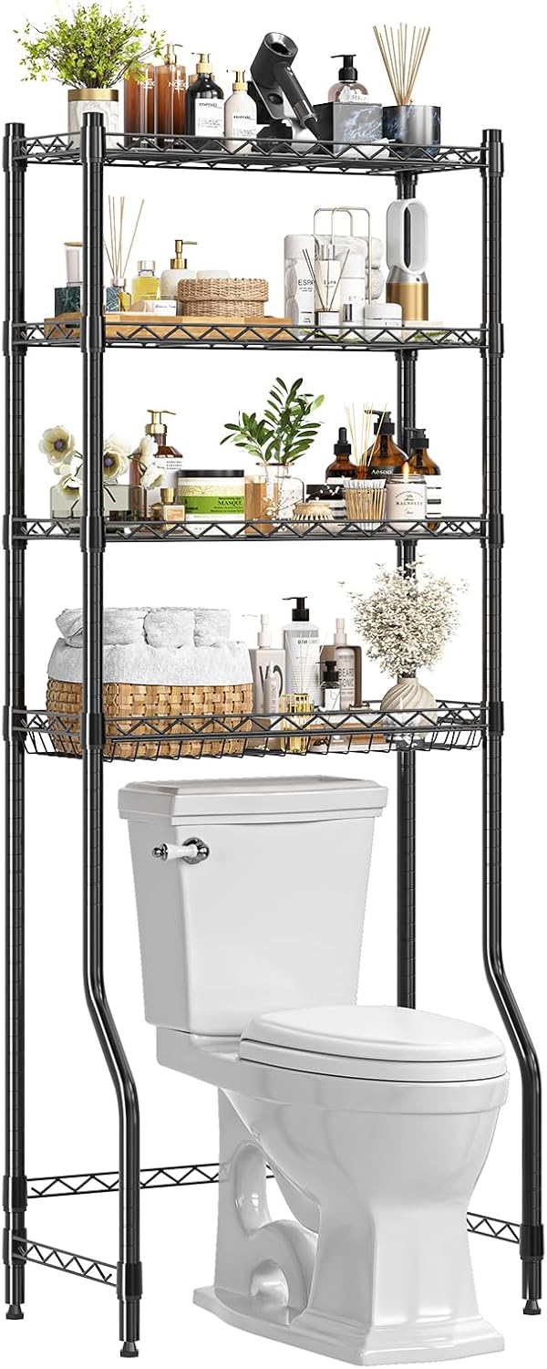 Simple Trending 4 Tier Over The Toilet Storage Rack, Bathroom Organizers and Storage Over Toilet with Adjustable Shelf and Basket, (Black)