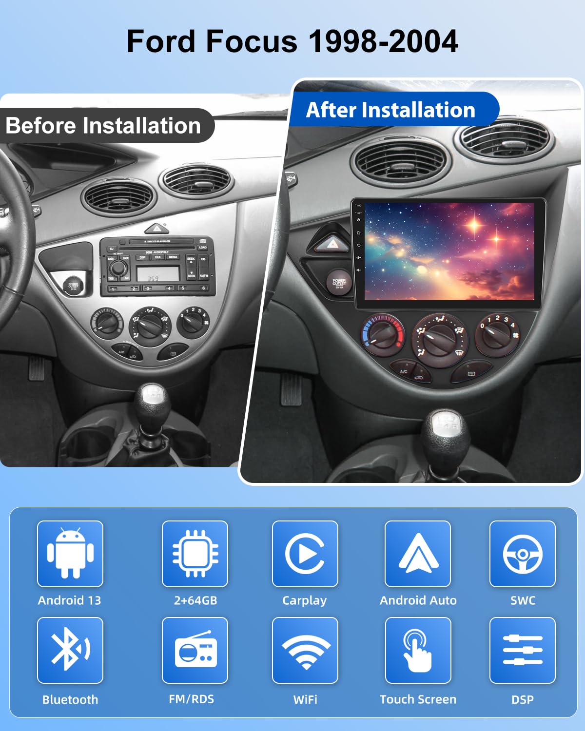 2+64G Android CarPlay Stereo para Ford Focus 1998-2004 - Radio de 9 Pulgadas con Pantalla táctil inalámbrica CarPlay Android Auto - WiFi GPS Mirror Link EQ RDS +Cámara de Marcha atrás&Mic