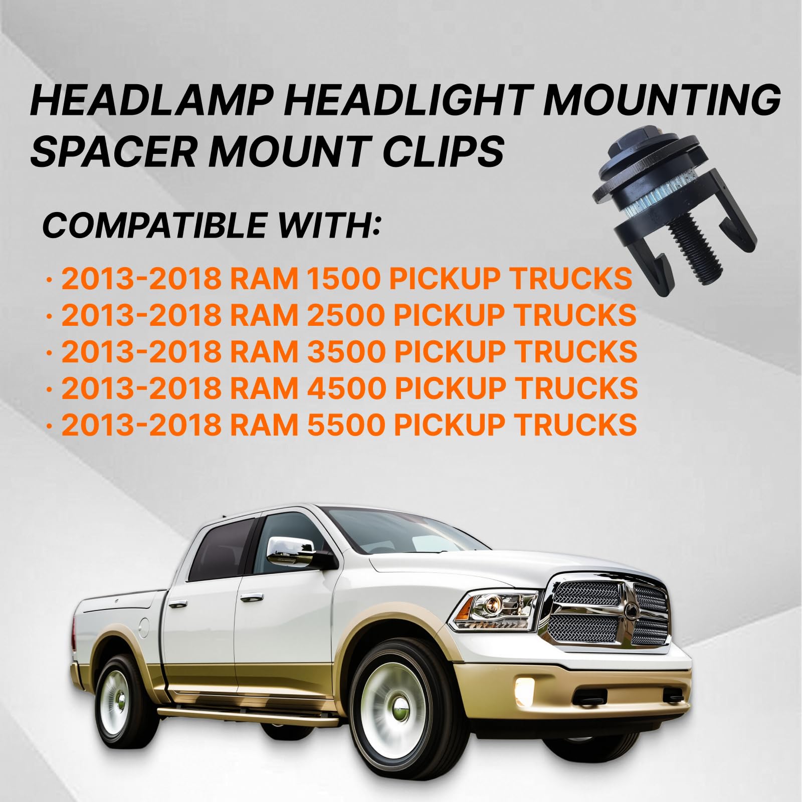 OME 68222836AA 68222835AA,Headlamp Headlight Mounting Spacer Mount Clips Fits for 2013-2018 Ram 1500/2500/3500/4500/5500 Pickup Truck (2 Pcs) Headlight Bolt