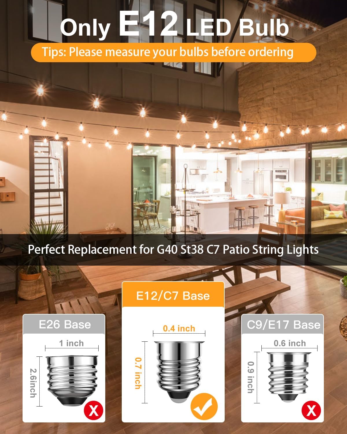 GLUROO LED String Light Bulbs, ST38 Shatterproof LED Replacement Bulbs for Outdoor String Lights Eidison Bulb fits E12 C7 Screw Base, 1Watt Equvanlent to 7Watt Incandescant Bulbs, Warm White, 4 Pack