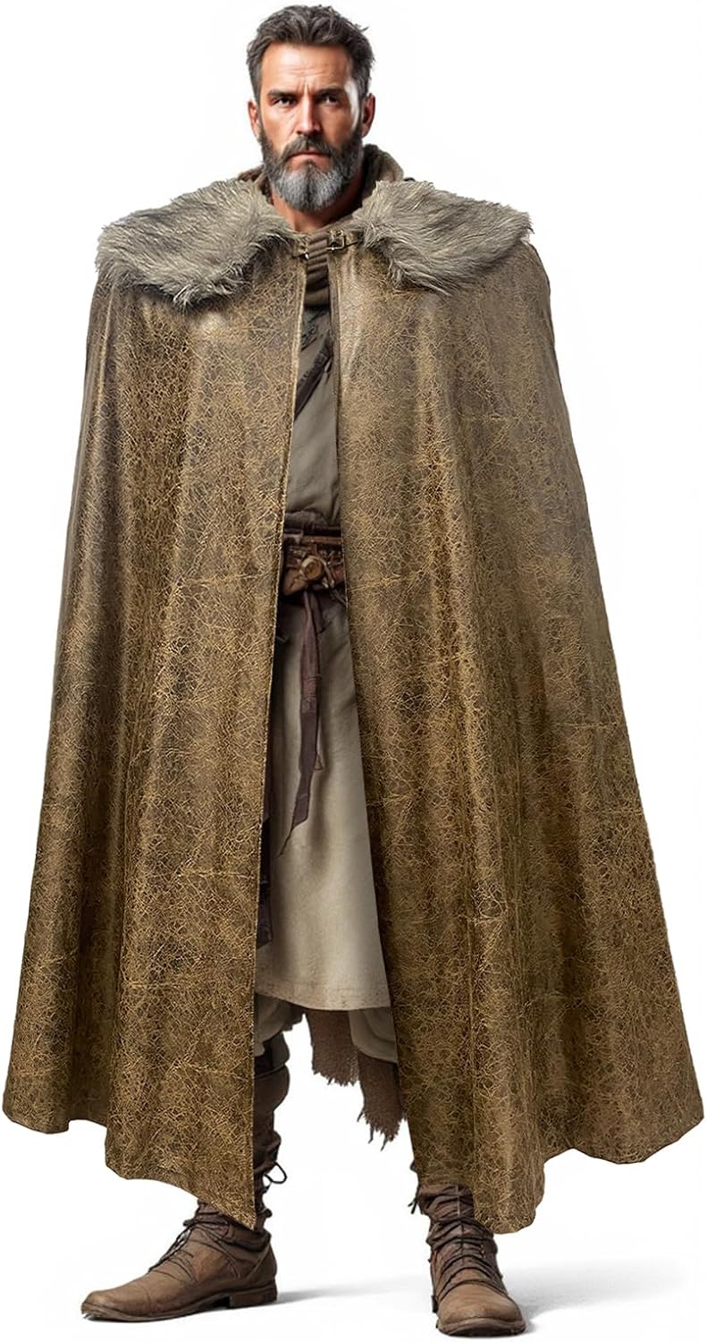HiiFeuer Medieval Barbarian Cloak with Artificial Fur Shawl, Wrap Collar Viking Warrior Cape, Renaissance Role Play Costume - Image 4