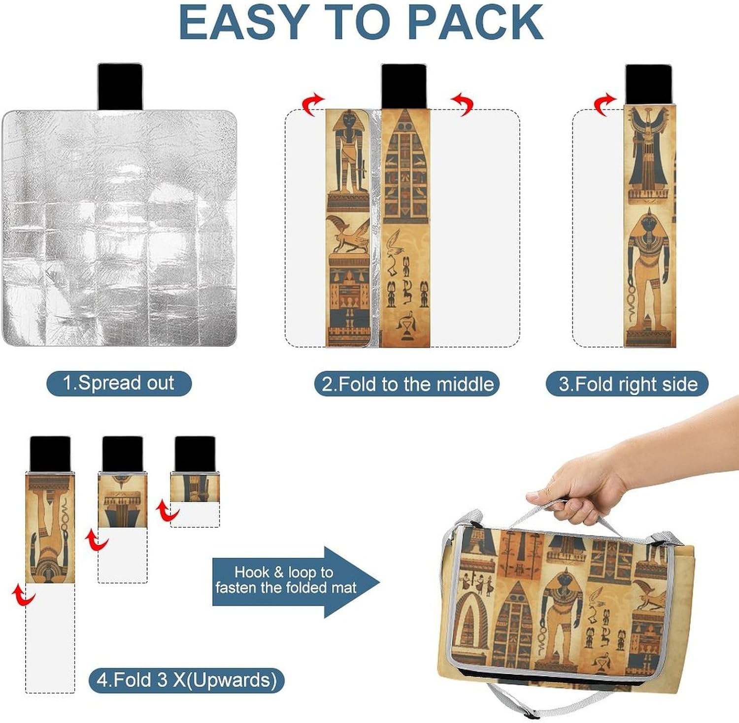 Ancient Egypt Tribe Series Waterproof Picnic Blanket 58.3''x58.3'',Portable and Foldable Picnic Mat with Handle,Outdoor Blankets for Lawn Park Beach Travel