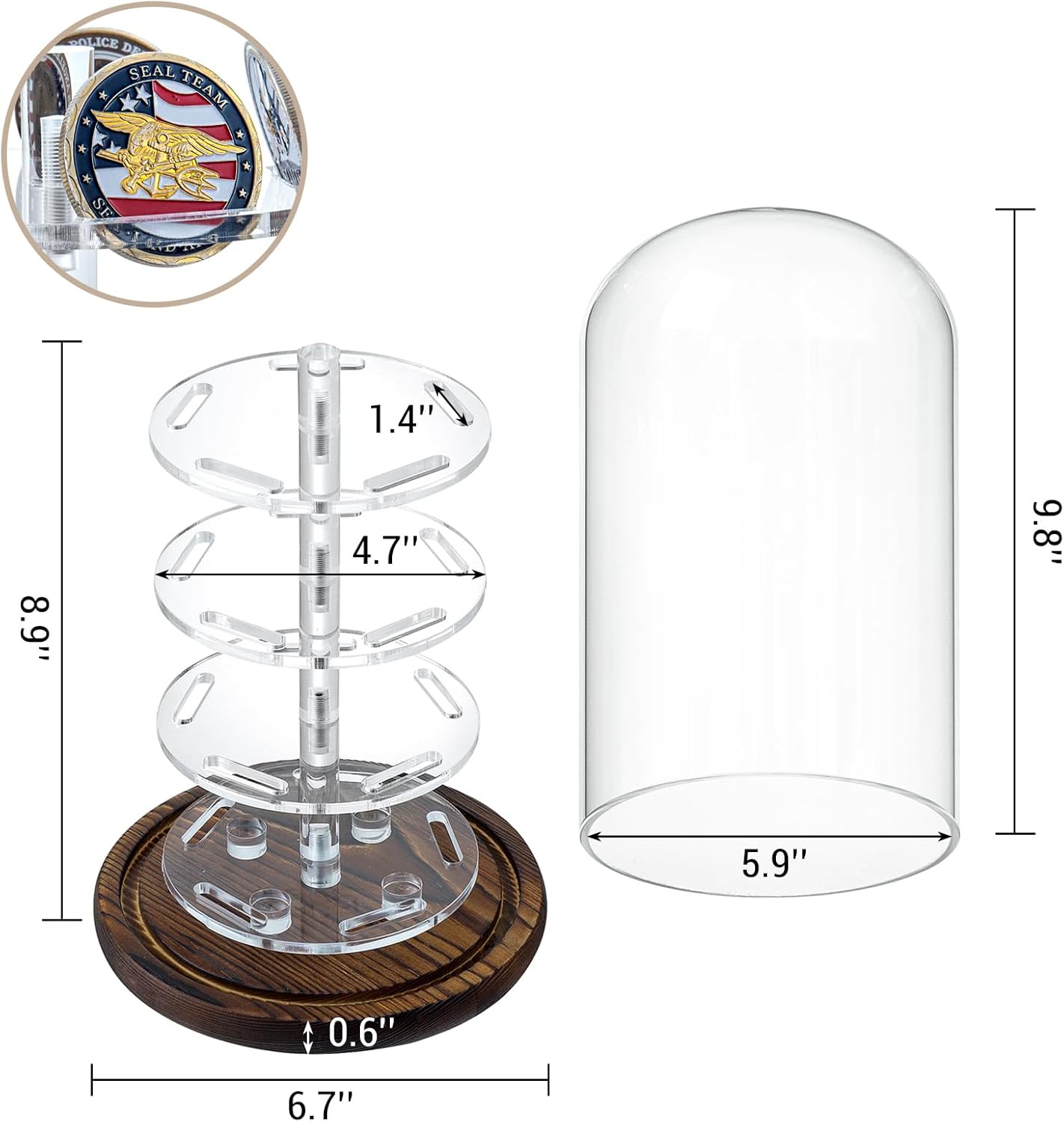 MyGift Challenge Coin Display, Clear Acrylic Cloche Glass Dome Military Coin Holder with Rustic Burnt Wood Base, Souvenir Coin Display Rack, Holds Up to 20 Coins