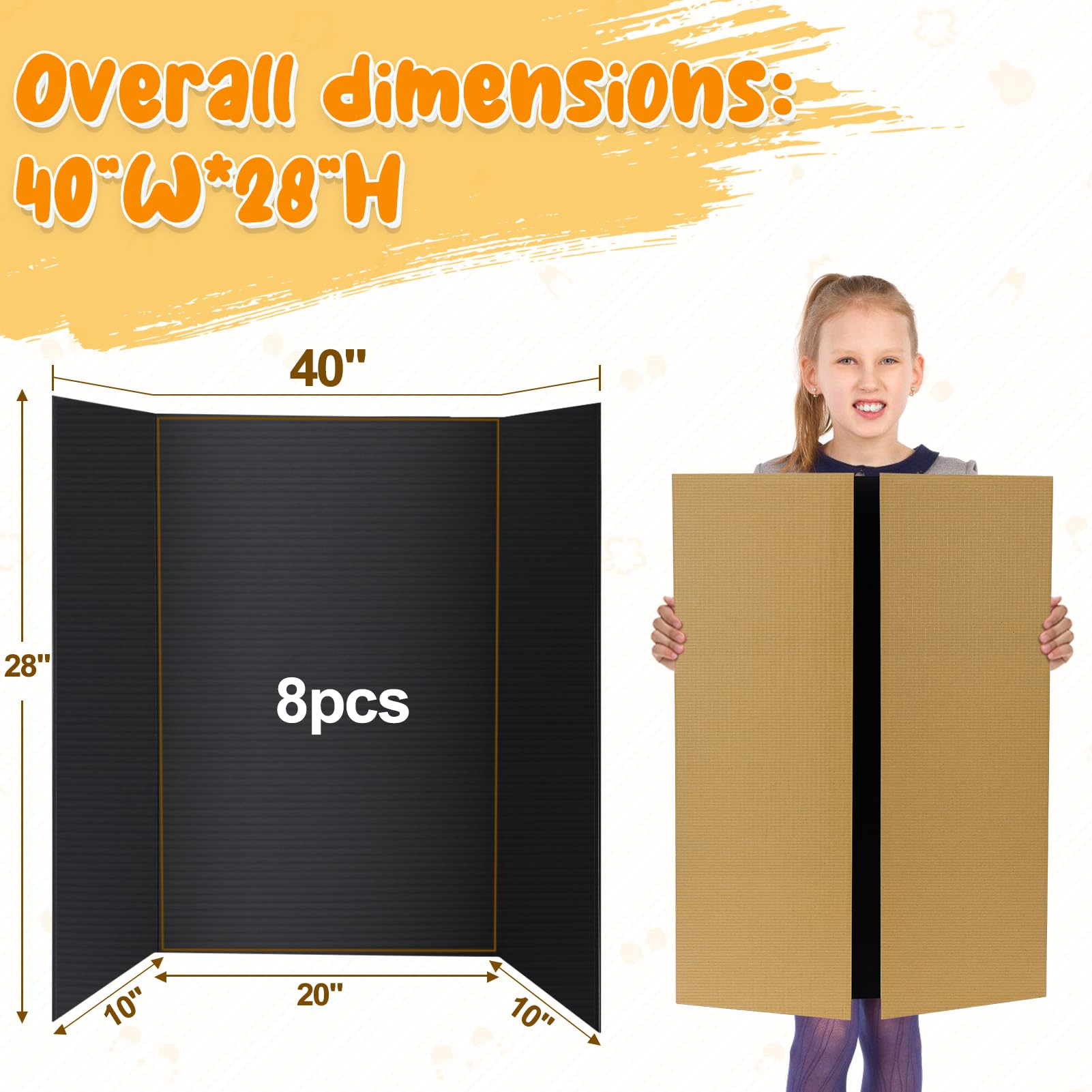 Dreifach gefaltete Postertafel, groß, 101,6 x 71,1 cm, dreifach gefaltet, harter und dicker schwarzer Präsentationskarton für Wissenschaftsmessen, Schulprojekte, Geschäftsbedarf, 8 Stück