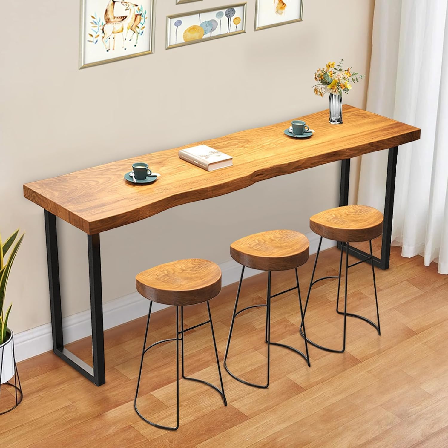 Narrow Bar Table, Solid Wood Bar Height Table Industrial Dining Room Bar Table Counter Height Table Industrial Pub Tables for Kitchen Coffee Shop Window Small Space -Table Only (55.1in)