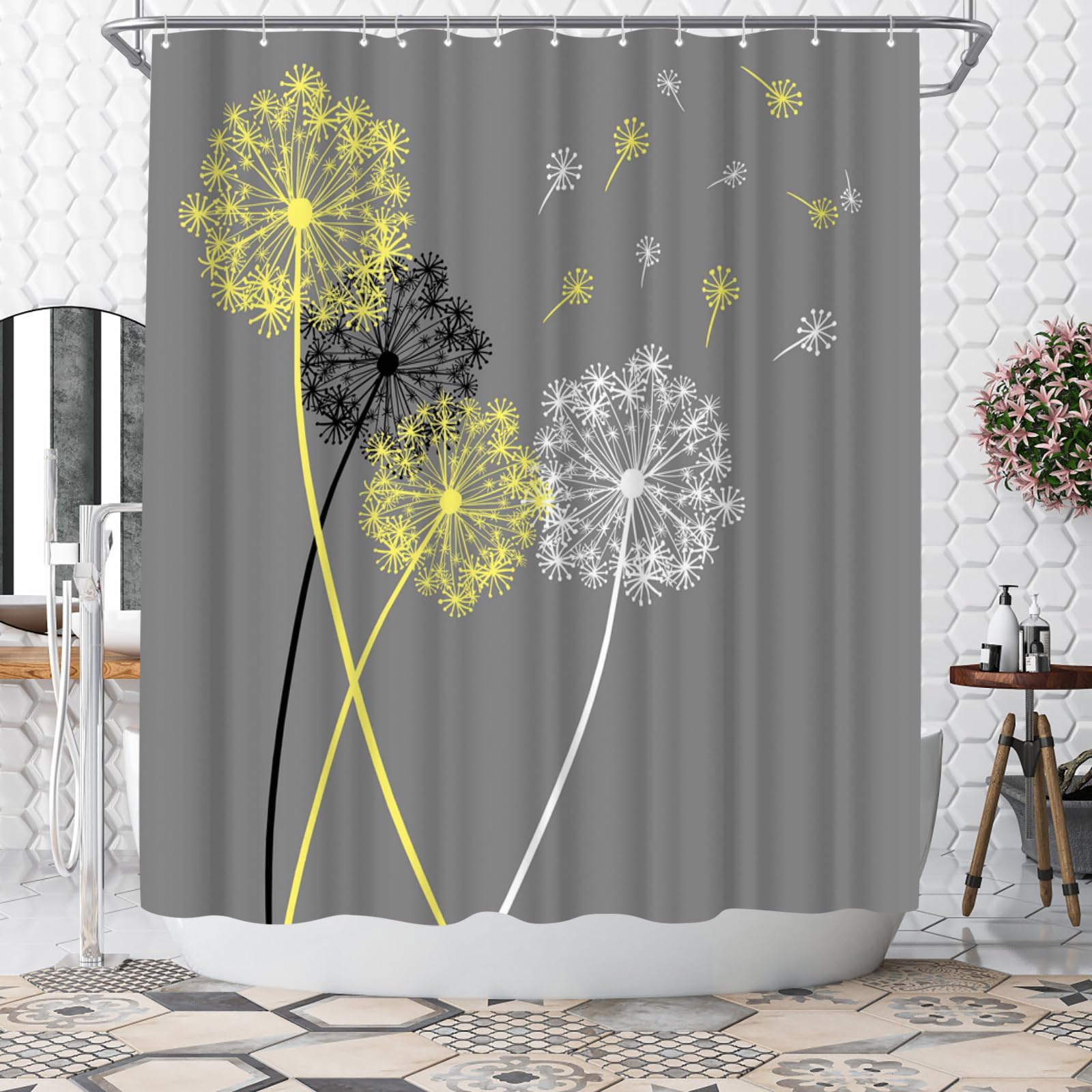 WELMECO Cortina de ducha de diente de león amarillo y gris, decoración de baño, tela de poliéster, 72 x 72 pulgadas