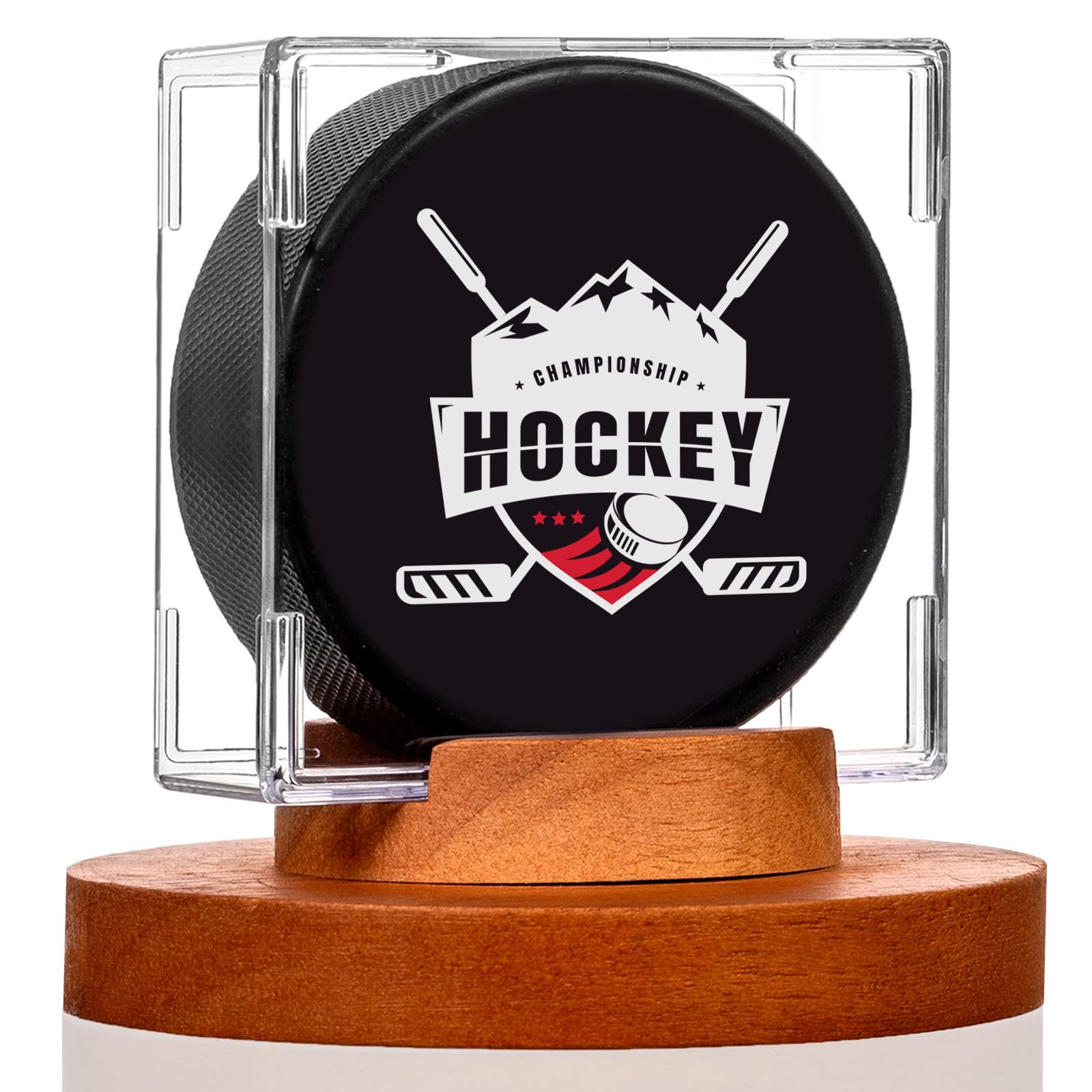 ULTRGEE Hockey Puck Display Case - Acrylic Box, Hockey Puck Holder with Wooden Base, Hockey Pucks Storage Stand for Collection Memorabilia (1 Pack, Square)