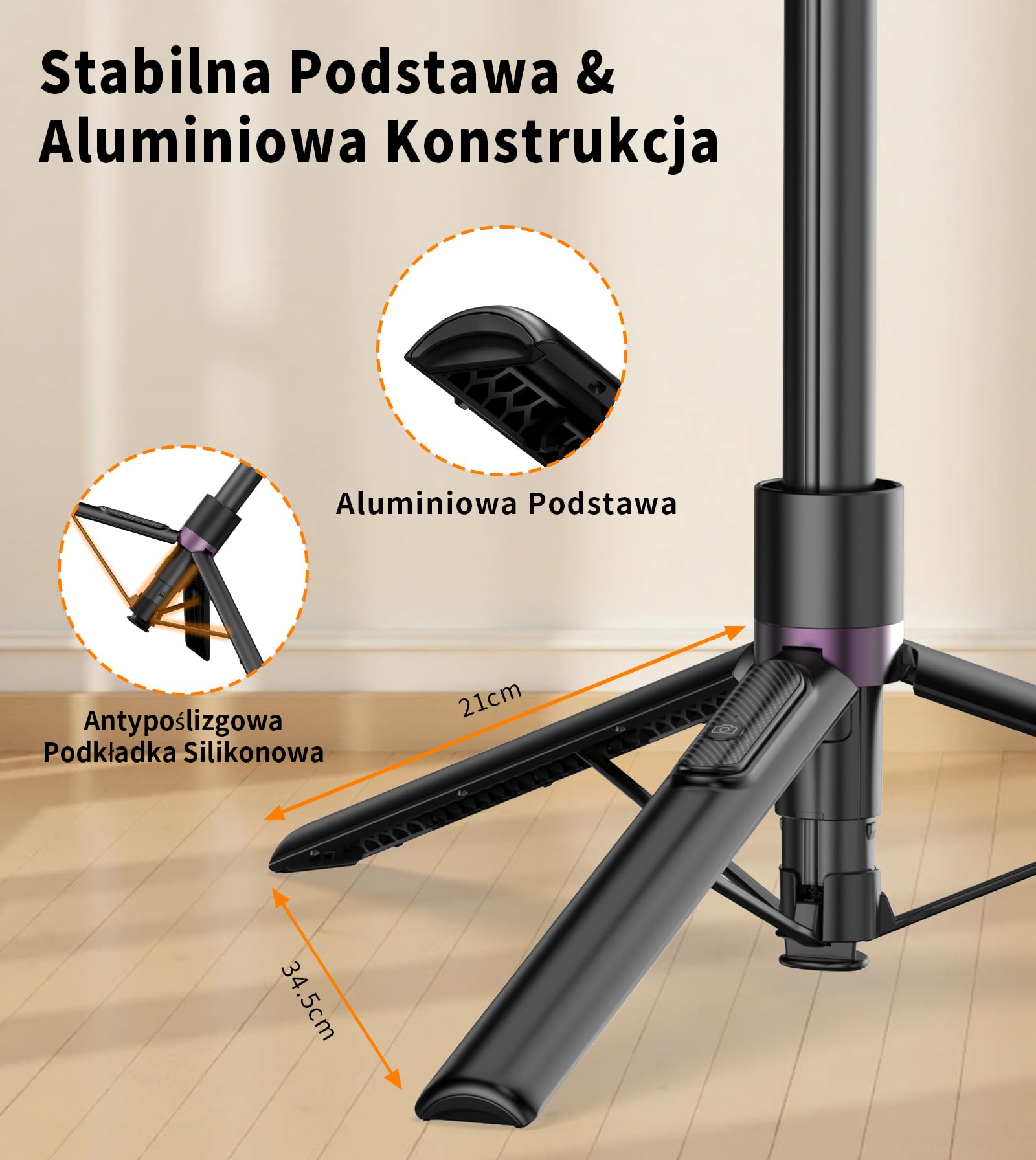 TONEOF 173cm Magnetyczny statyw do selfie, mocny magnetyczny uchwyt aluminiowy do Magsafe, obrót o 360°, wysuwany statyw z pilotem, przenośny statyw do telefonu komórkowego–Czarny Fioletowy