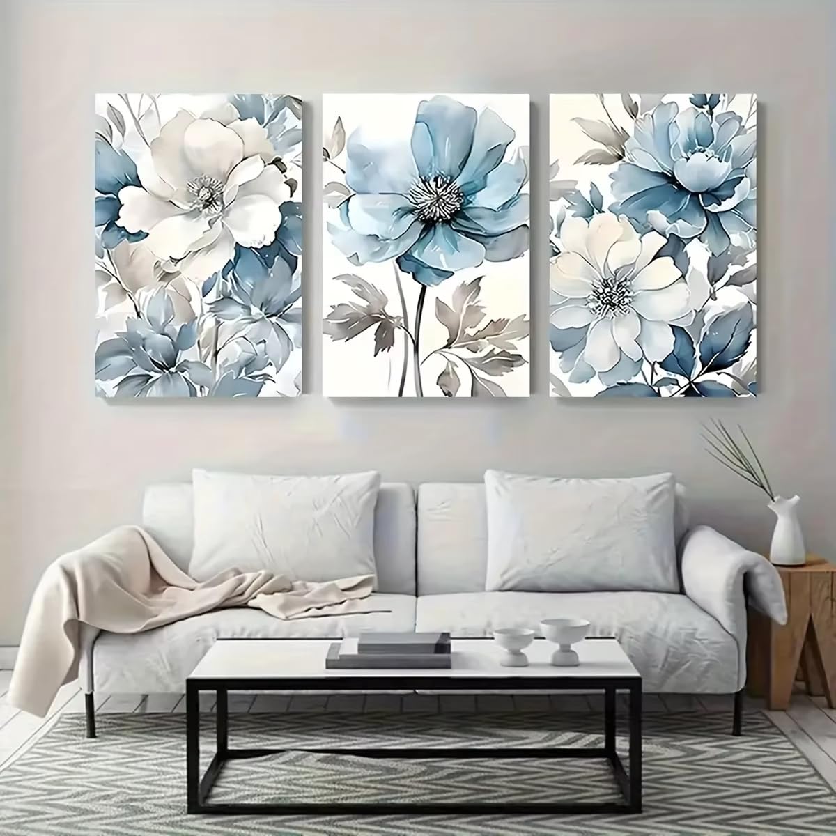 AEFOUU 3 láminas de arte floral en lienzo, azules y blancas, con elegantes diseños modernos para la decoración de salas de estar, dormitorios, oficinas en casa y cafeterías (70x100cm/marco interno)