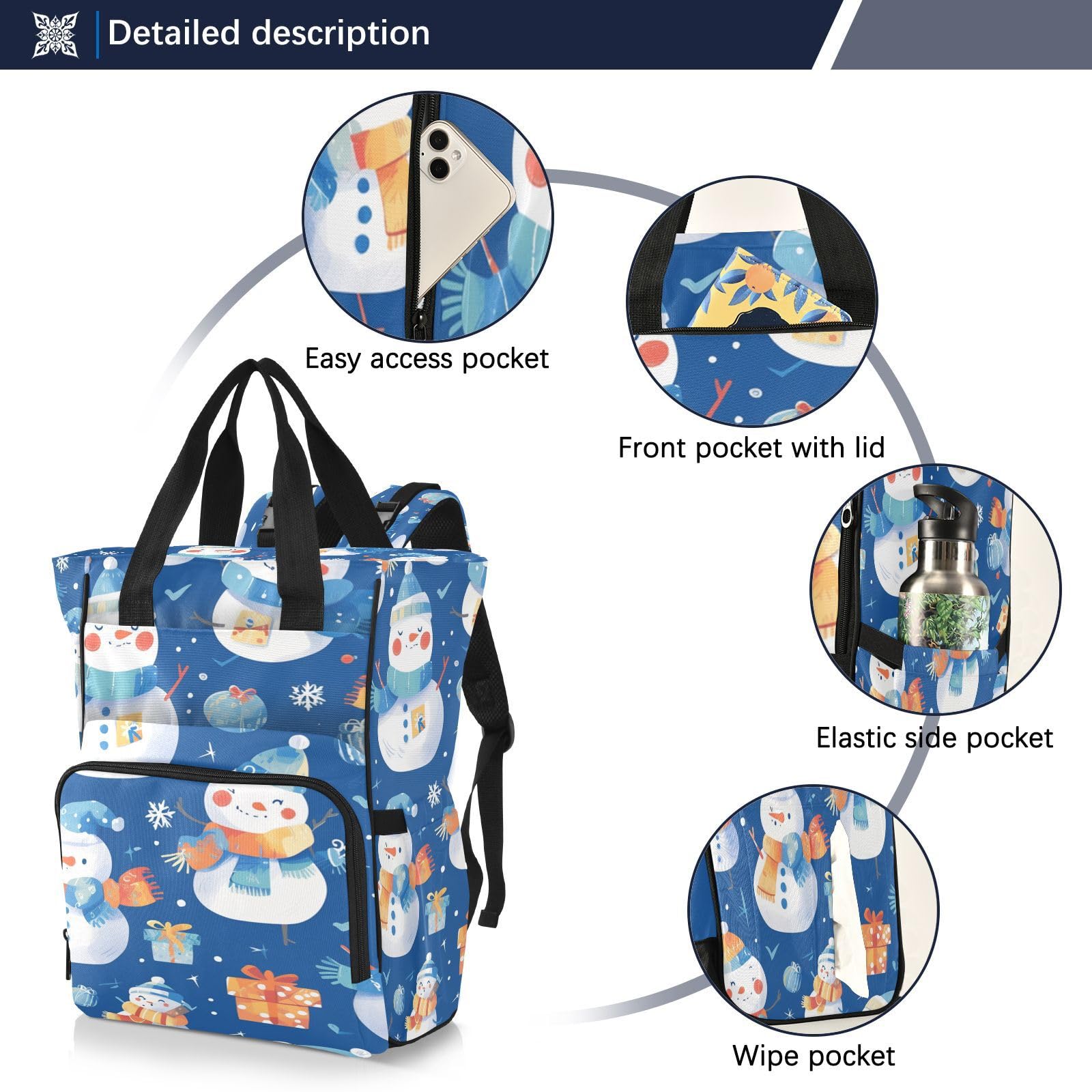 MuñEcos De Nieve Festivos Alegres Vacaciones Mochilas de Pañales para Gran Capacidad Pañal Bolso Mochila para Viajar al Aire Libre Mamá y Papá