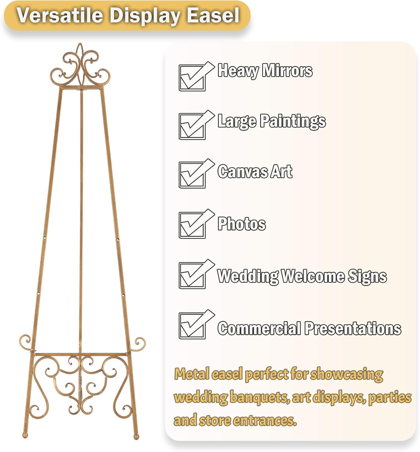 15"L x 25.5"W x 56.5"H Metal Scroll Extra Large Free Standing Adjustable Display Stand Easel with Chain Support, Heavy Duty Easel for Sign, Wedding, Picture Frame, Mirror, Gold (No Assembly Required)