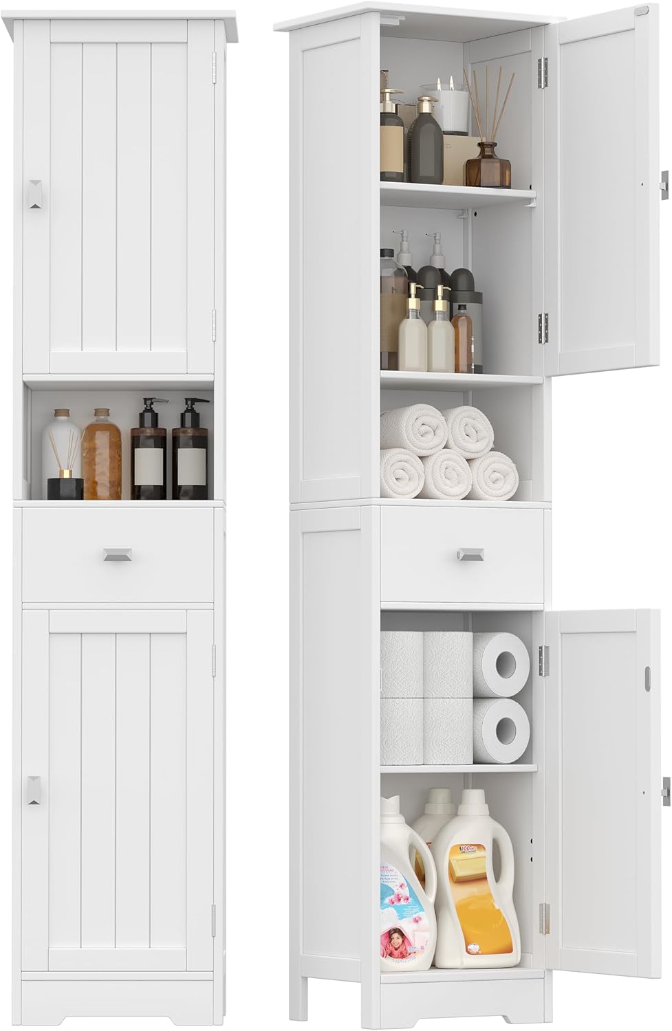 Akxoml Tall Bathroom Storage Cabinet with 2 Doors, 67" H Narrow Floor Cabinet with Adjustable Shelves and Drawer, Anti-Tip Design, 11.8 x 12.6 x 66.9 Inches, for Bathroom, Kitchen，Entryway, White