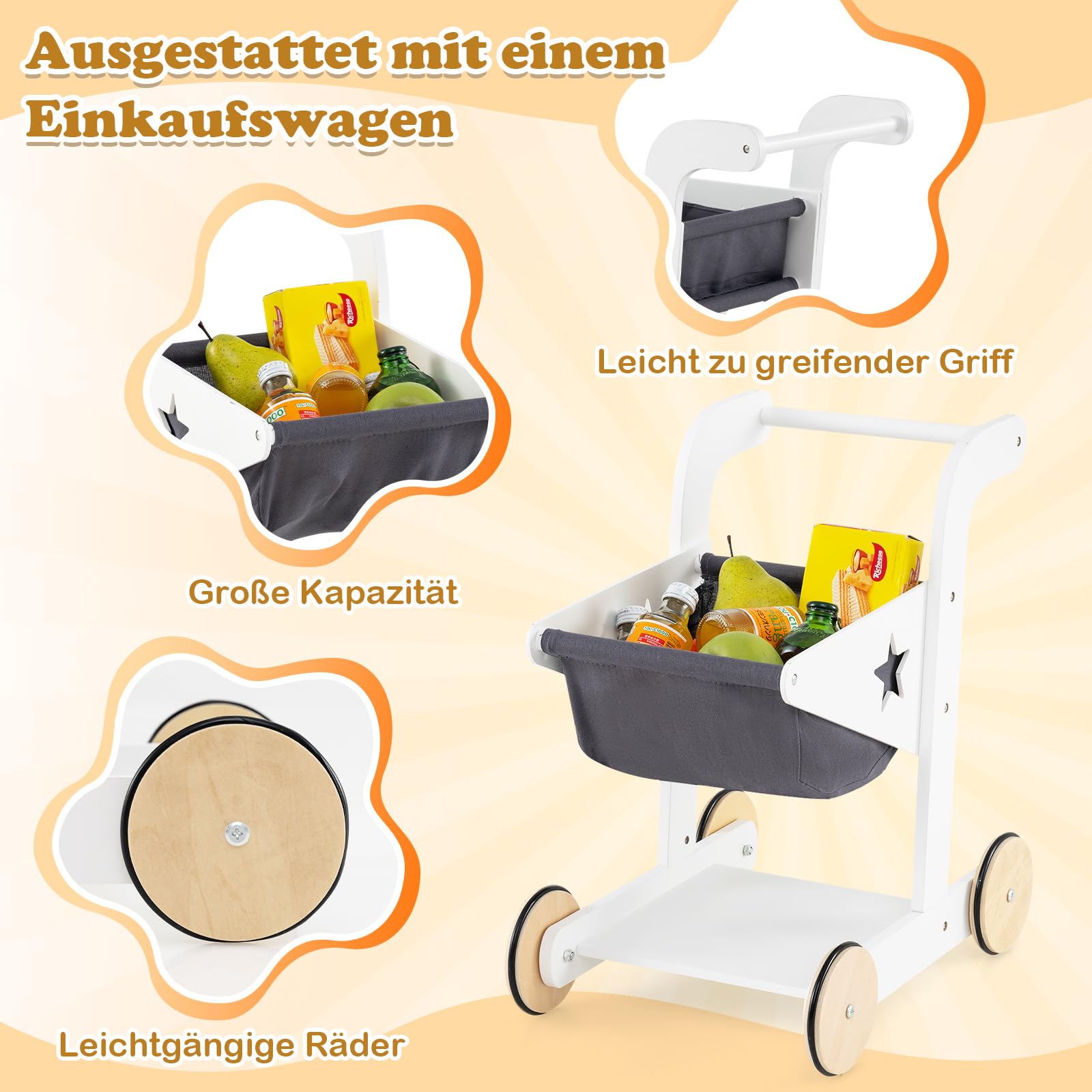 DREAMADE Kaufladen Kinder, Kaufmannsladen aus Holz mit Einkaufswagen, Kreidetafeln & Kasse, Verkaufsstand Supermarkt für Kinder ab 3 Jahren