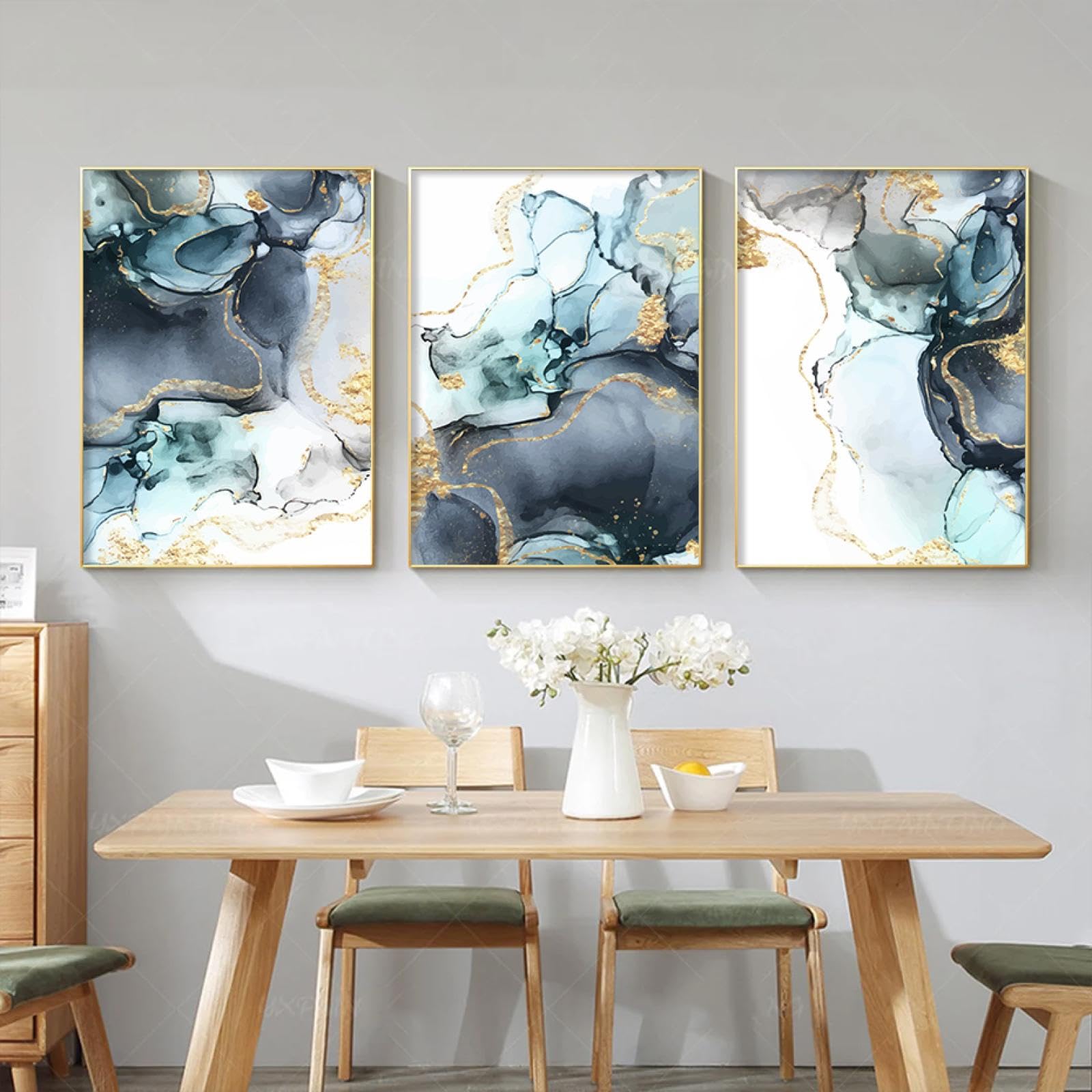 KEBIA Azul Negro Tinta Dorada Galería Abstracta Pósteres Arte de la Pared Pintura en Lienzo Impresiones Imágenes para Sala de Estar Dormitorio Hogar Decoración de Pared 70x100cmx3 Sin Marco