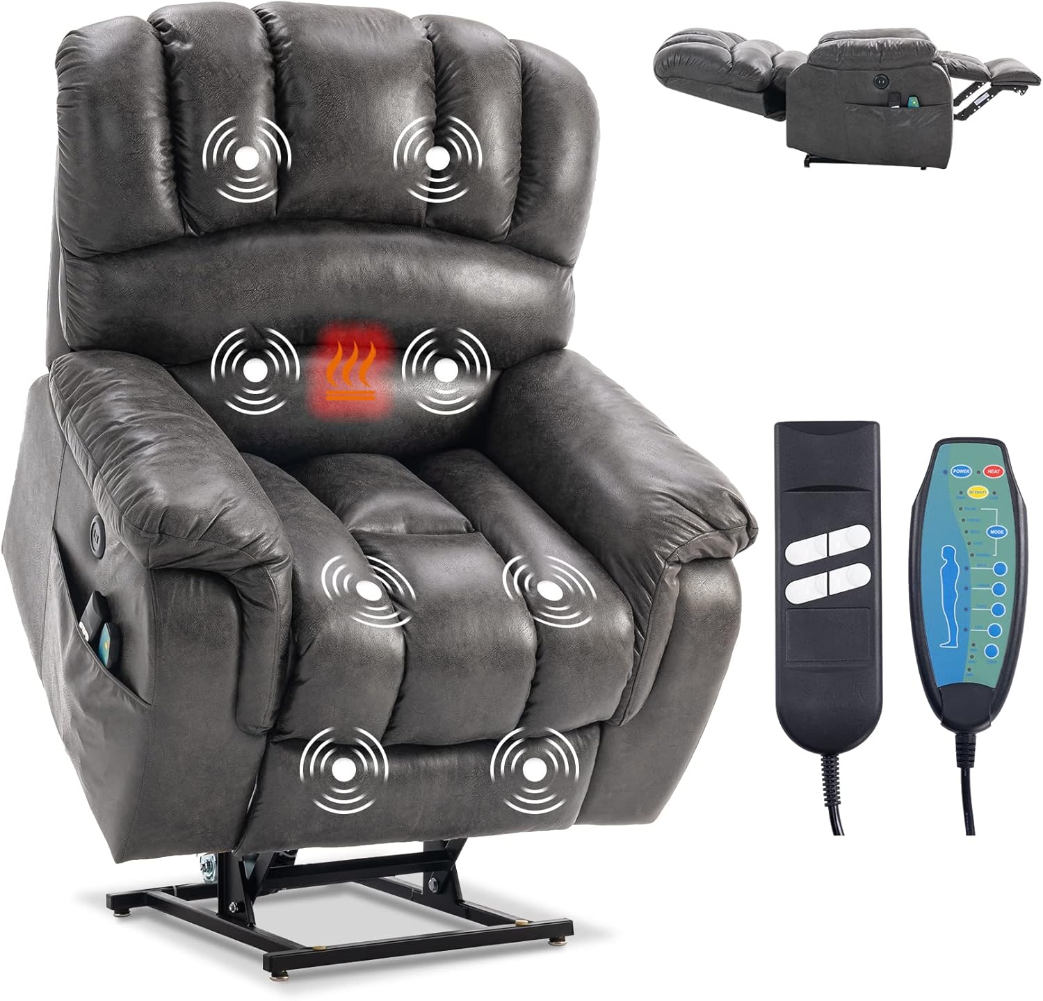 VIVIJASON Large Dual OKIN Motor Lay Flat Sleeper Lift Recliner Chair with Heat  Massage for Elderly, Infinite Position Electric Power Recliner with 2 Remote Controls, Side Pockets  USB Ports, Gray