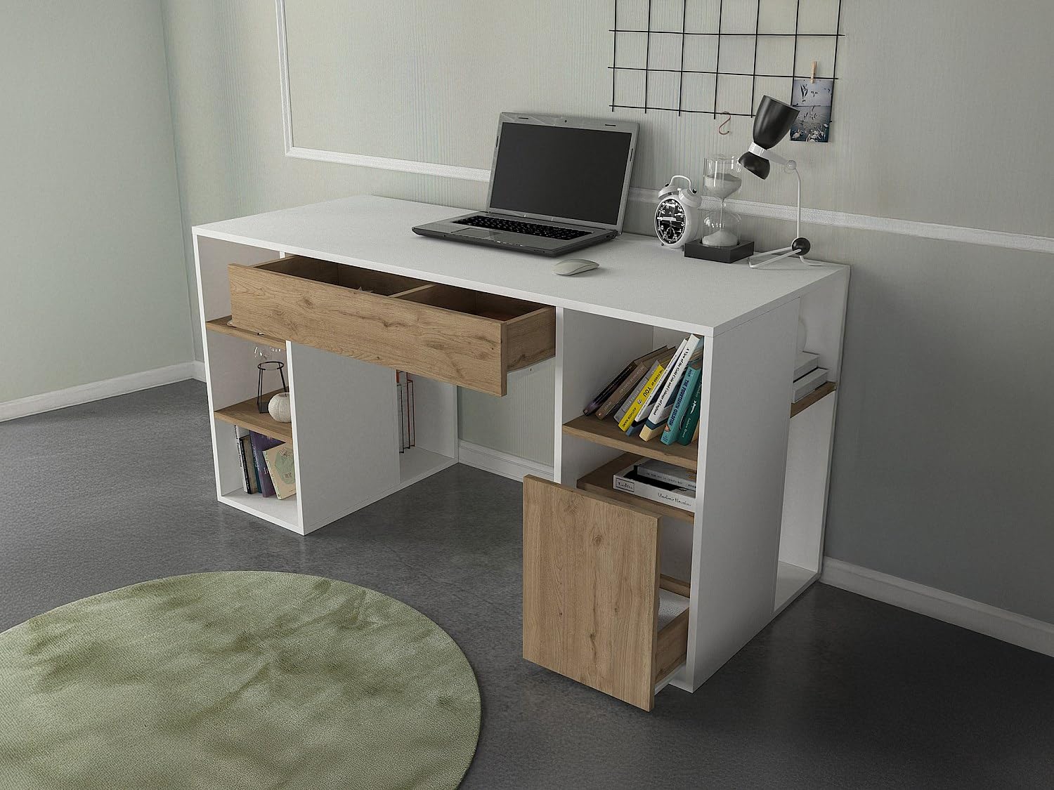 Vente-unique - Bureau avec rangements - Blanc et Naturel - MELAVA