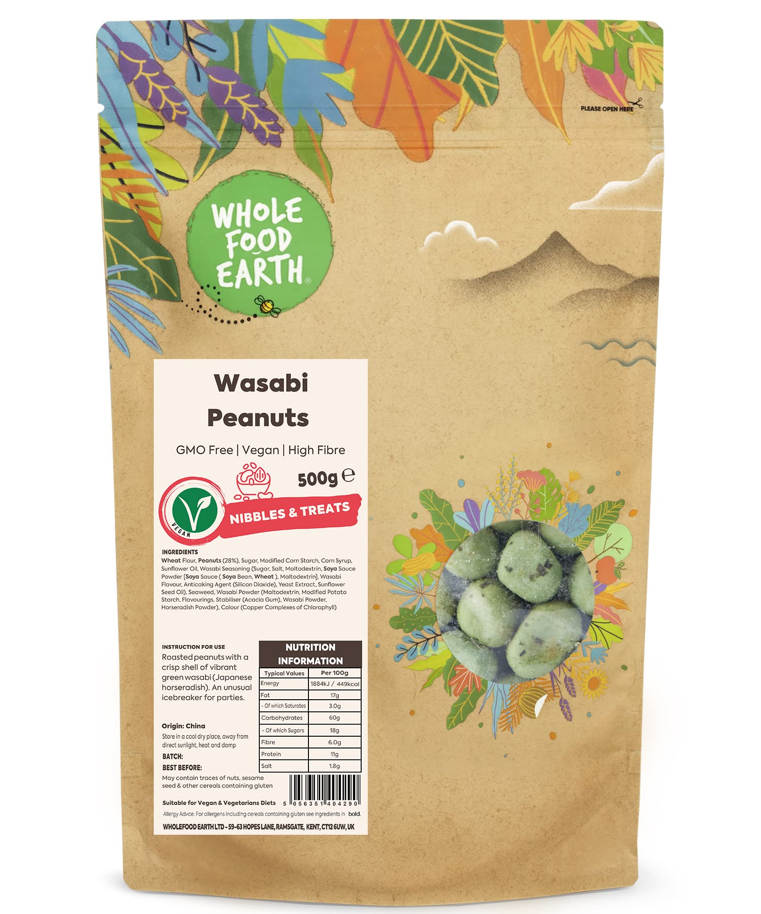 Wholefood Earth Wasabi Peanuts 500 g | GMO Free | High Fibre
