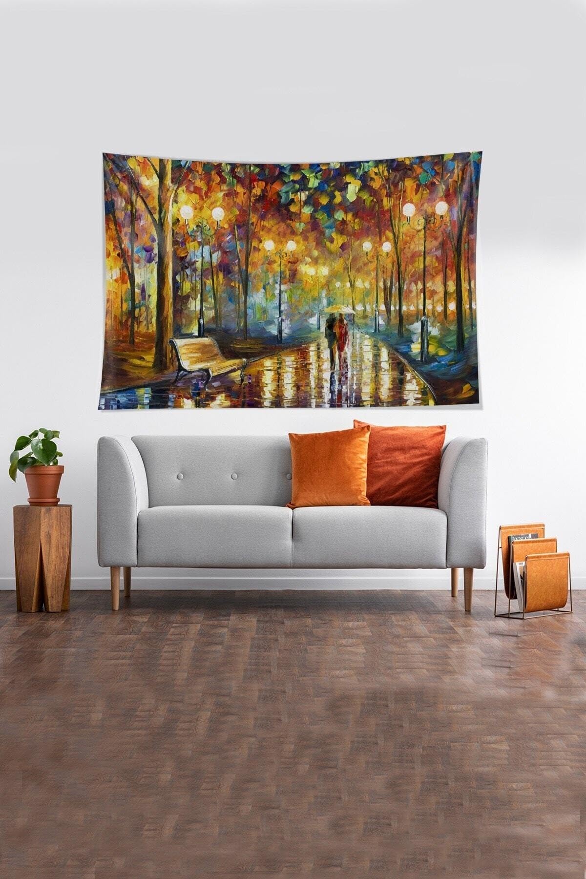 Pelangi Bej Yağmurda Yürüyen Çift Desenli Leke Tutmaz Kadife Kumaş Duvar Örtüsü Duvar Halısı Tapestry YWLL462, 70 x 100