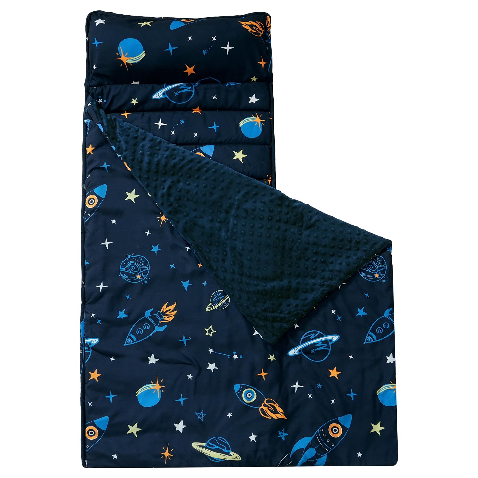 david's kidsToddler Nap Mat with Removable Pillow and Minky Fleece Blanket, Ultra Soft Slumber Bags for Boys, Perfect for Preschool, Daycare, Kids Sleeping Bags with Rollup Design, 50"x20", Space