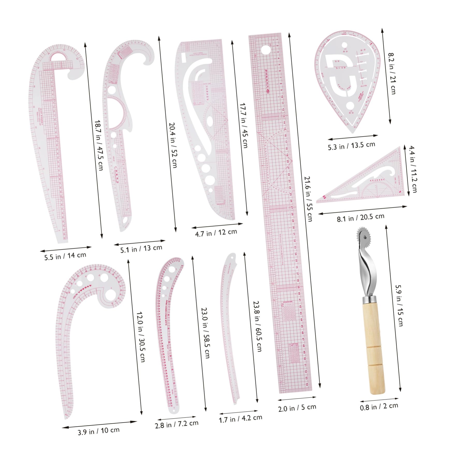 Regla de Costura para Tela de Diseño y Patronaje, 12 Piezas | Curva Francesa y Guías de Patrón, Plástico Flexible y Ligero, Uso en Costura y Bricolaje