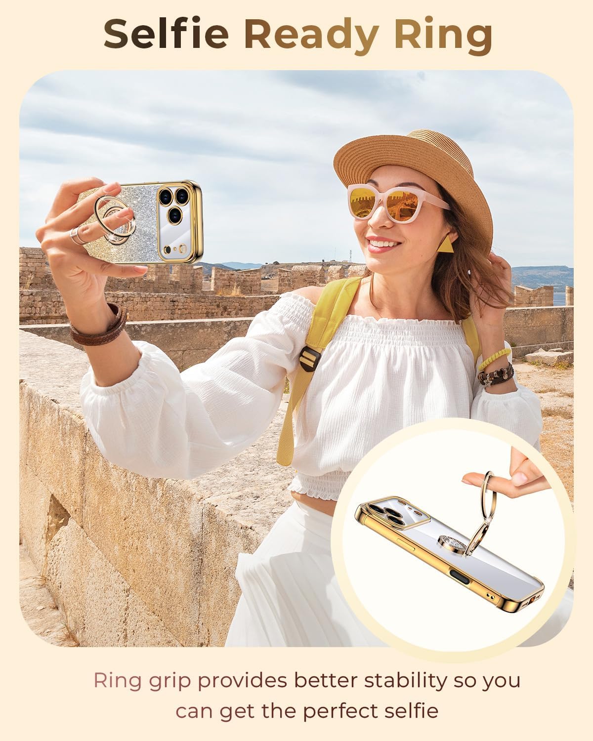 XYZ for iPhone 17 Pro Case with Stand, Phone Case with Double Ring Kickstand, Women Girls Bling Luxury Glitter Clear Phone Case Cover Heart for Apple 17 Pro, Gold - Image 2