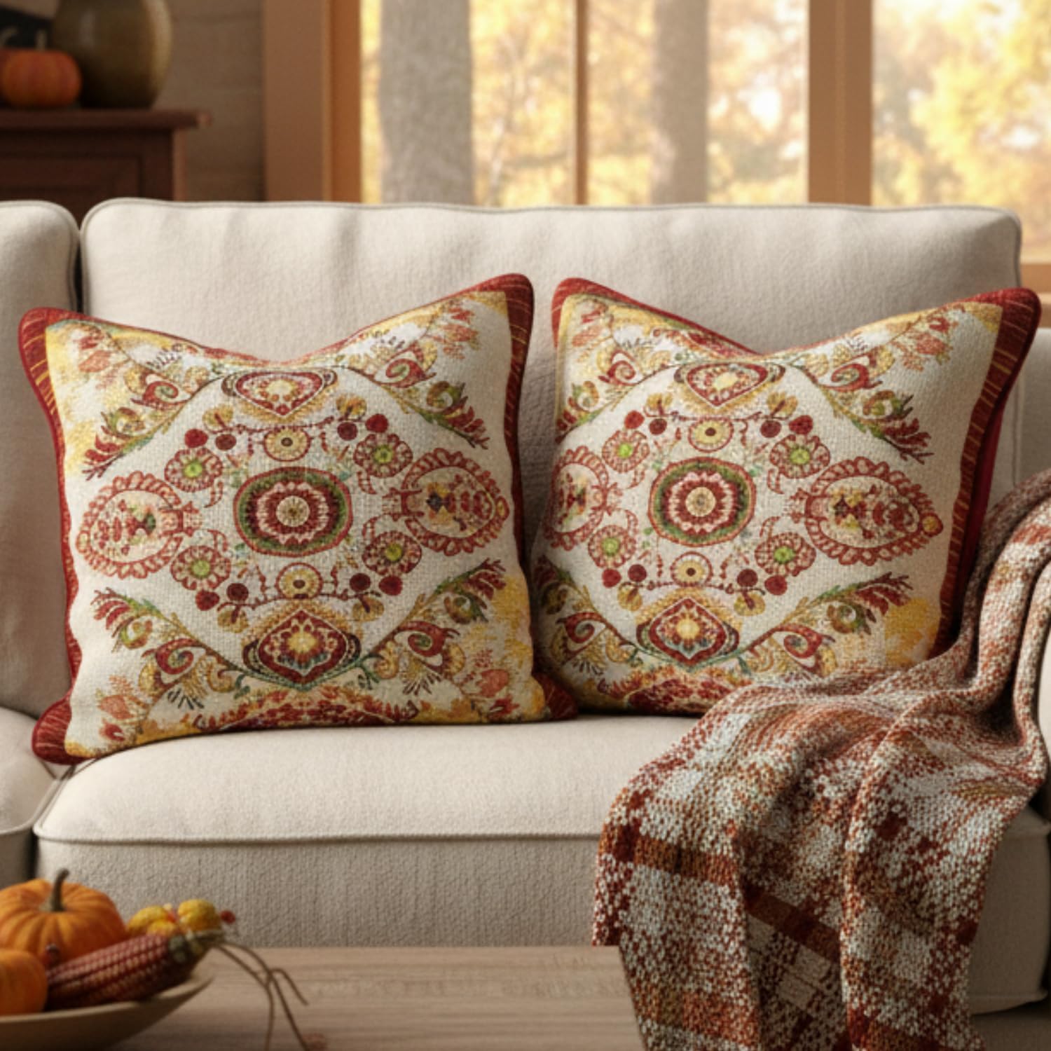 Tache 18x18 Rococo Elegant Ornate Burgundy Ivory Paisley Cotton Linen Tapestry Woven Throw Pillow Cover, 2-Pieces