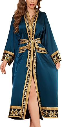 Satin Long Robe for Women Silk Kimono Robe Lightweight Floral Trim Bathrobe Luxury House Robes with Pockets