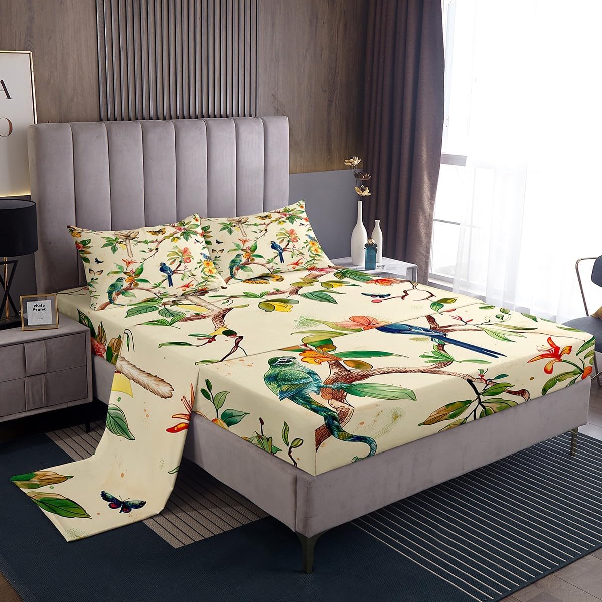 Butterfly Sheet Sets, Monkey Hummingbird Fitted Sheet King Size for Kids Boys Girls Teens, Tropical Palm Tree Leaves Branches Bed Sheet, Jungle Cartoon Animals Theme Flat Sheet with Deep Pocket