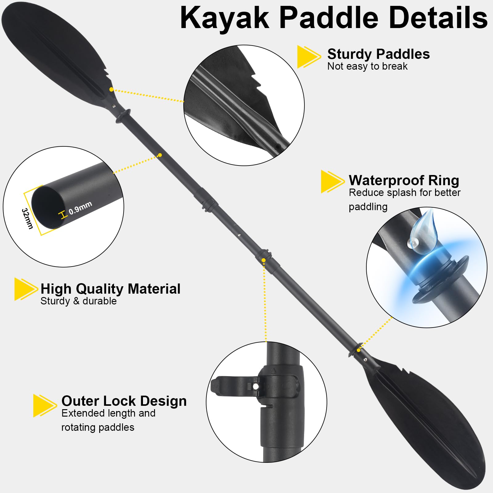 230 cm Doppelkopf-Paddel, 170 cm – 250 cm in robustem Aluminiumschaft und gerippten Polyethylen-Klingen für Kajaks