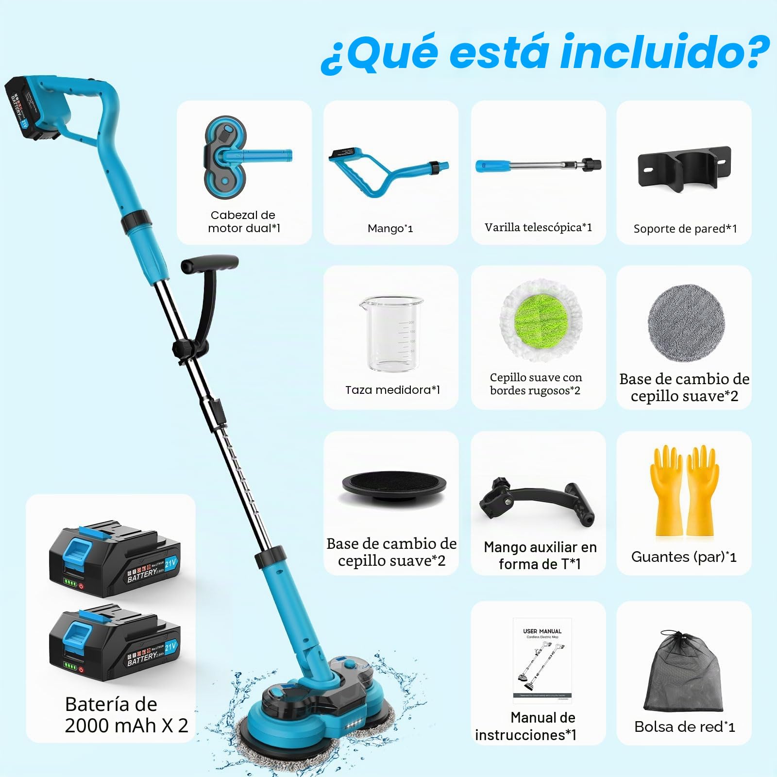 Mopa eléctrica inalámbrica con 2 Baterías de 2000 mAh, Fregona giratoria eléctrica for limpieza de pisos, con luz LED y depósito de agua de 300 ml y aspersor, fregona para suelos de mármol madera dura