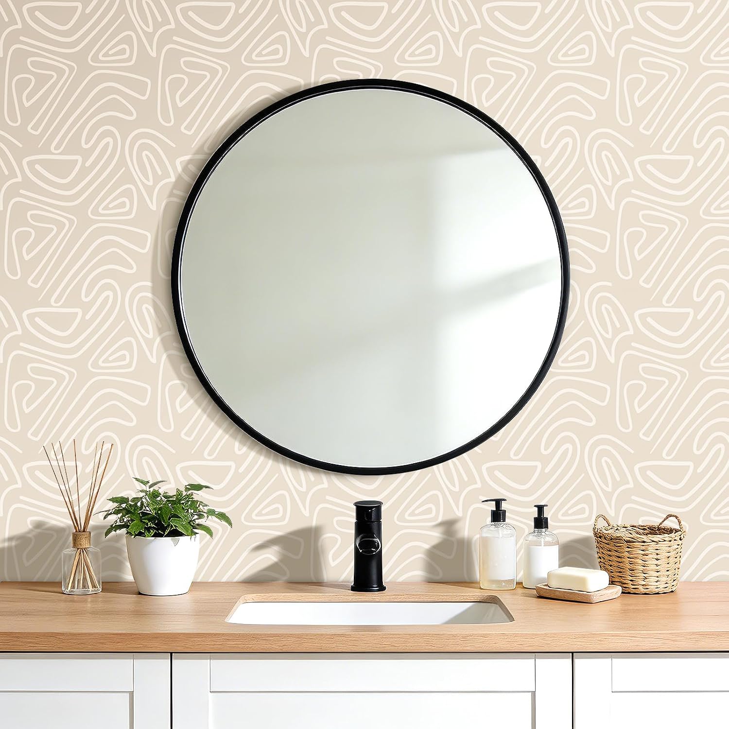 Stickyart 17.5"x276" Neutral Abstract Curve Wallpaper Peel and Stick Beige Boho Fluid Line Wallpaper Removable Modern Abstract Geometric Contact Paper Waterproof for Bedroom Bathroom Wall Decor