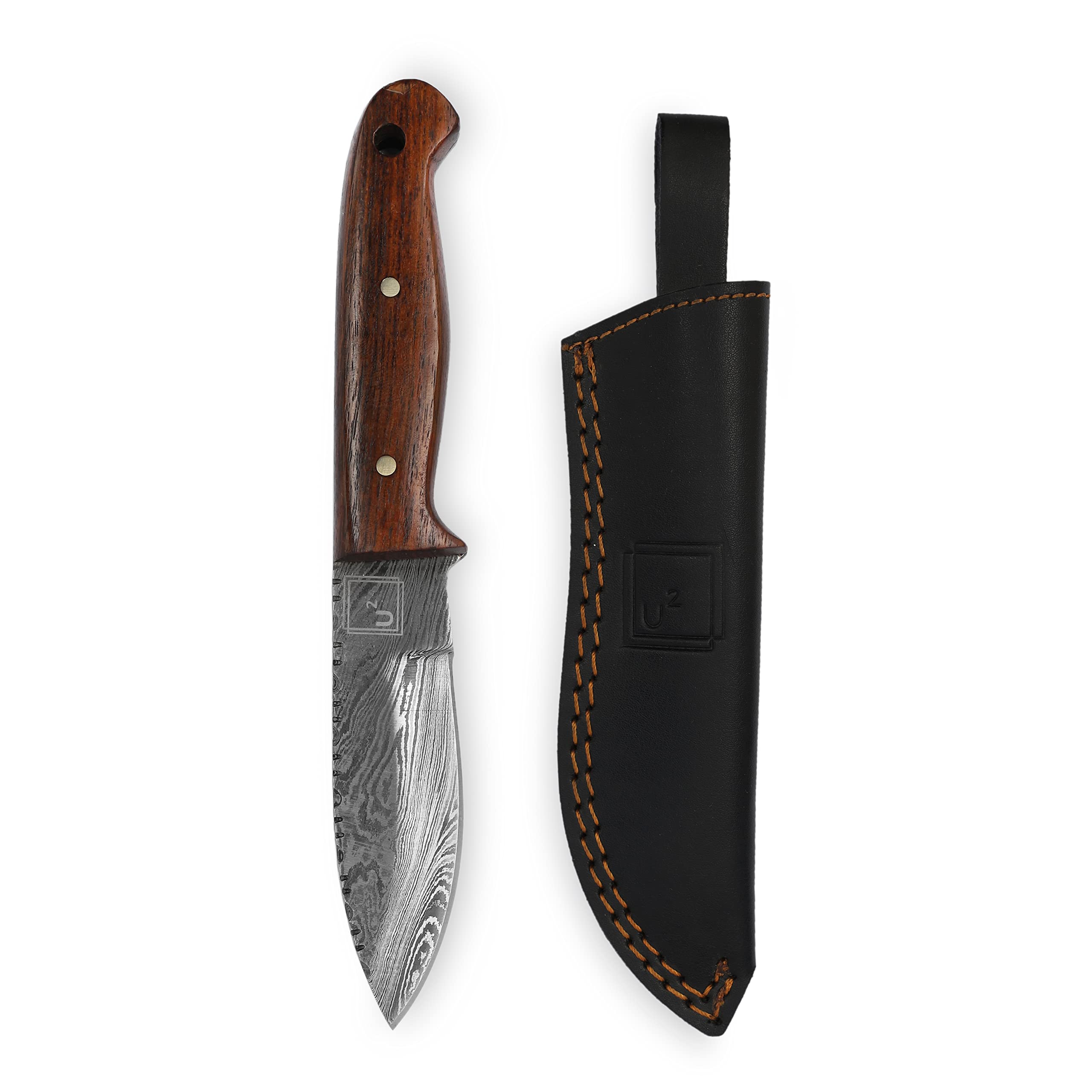 USQUARE UE-022, 20,32 cm nóż myśliwski ze stali damasceńskiej z pochwą, nóż ze stałym ostrzem, nóż Bushcraft, uchwyt z drewna orzecha włoskiego, Full Tang, zaprojektowany na polowanie i kemping