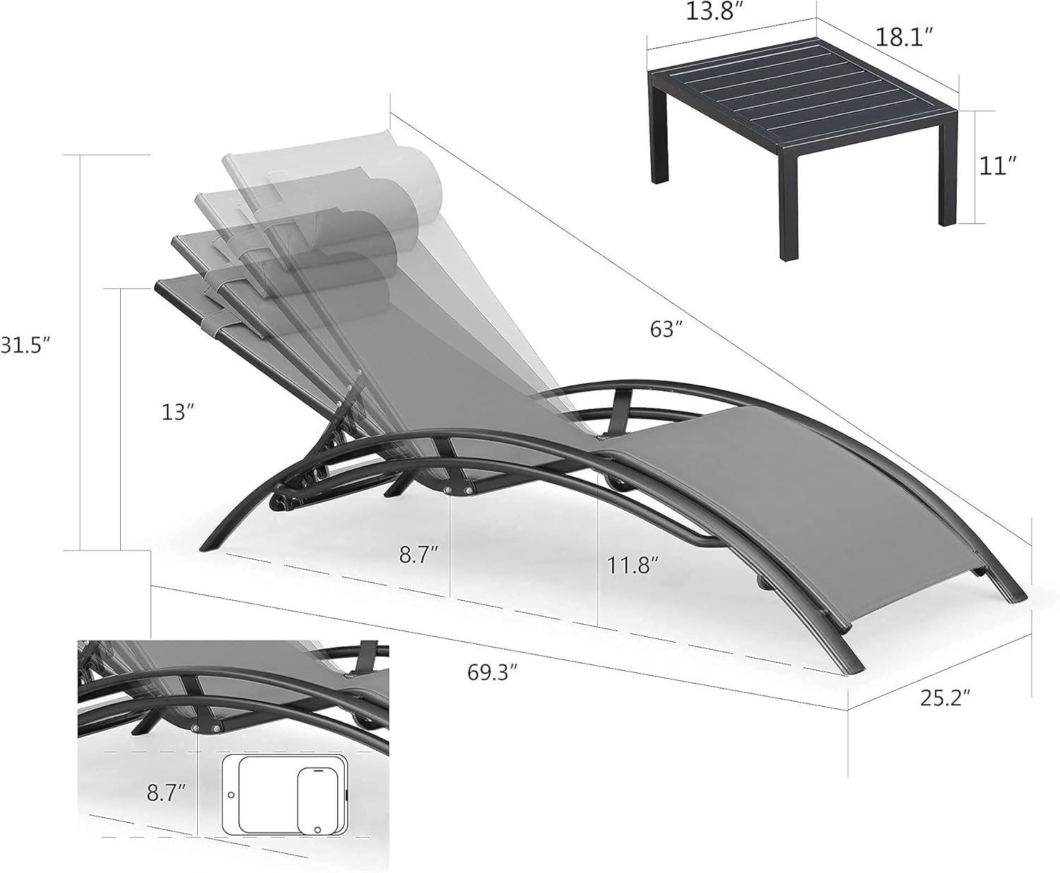 PURPLE LEAF Patio Chaise Lounge Set of 3 Outdoor Lounge Chair Beach Pool Sunbathing Lawn Lounger Recliner Chiar Outside Tanning Chairs with Arm for All Weather, Side Table Included, Grey : Patio, Lawn & Garden