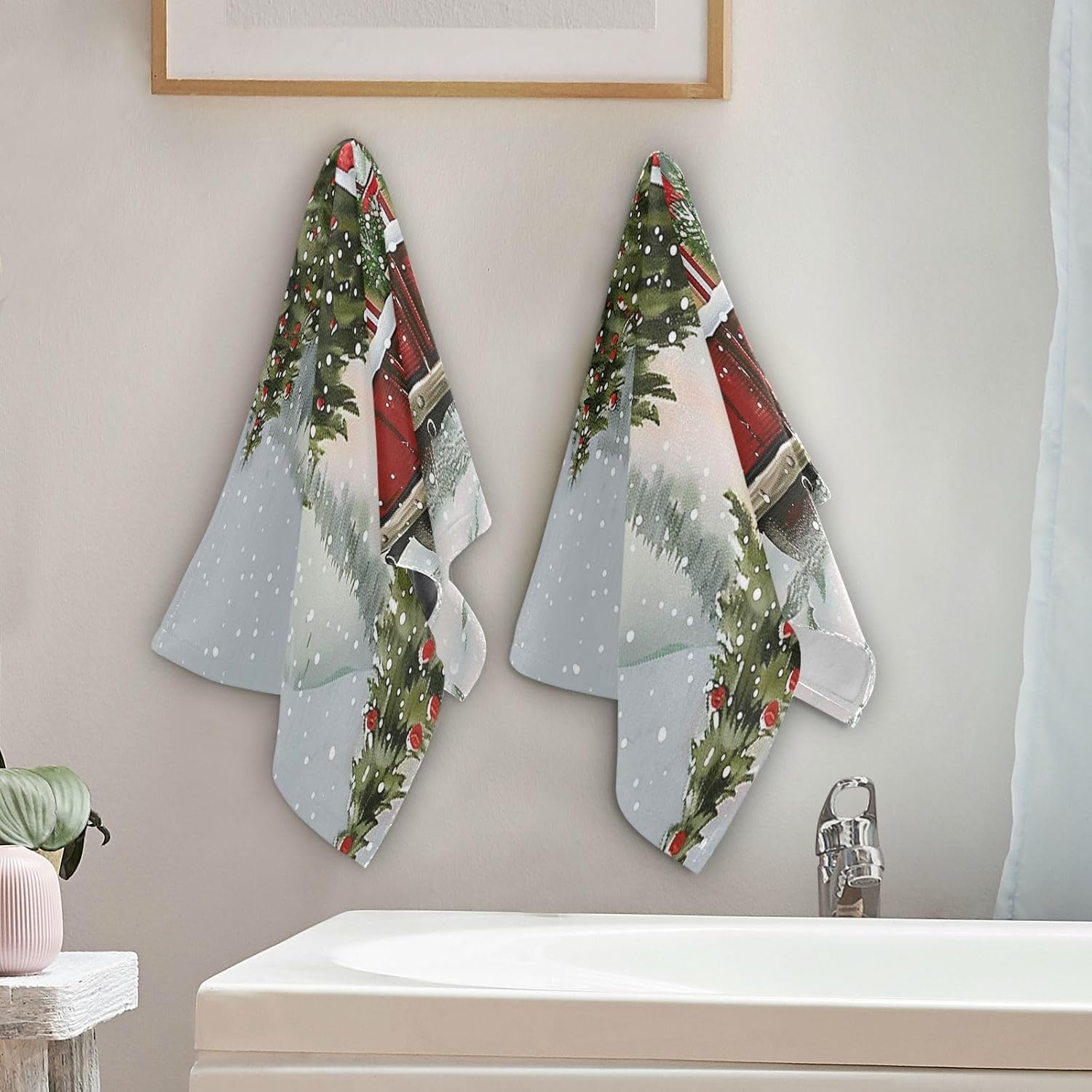 Pfrewn Christmas Red Truck Snowman Hand Towels Set of 2 Xmas Tree Snowflake Bathroom Towel 16x30 in Soft Absorbent Small Guest Bath Towel Hanging Kitchen Dish Towel Xmas Holiday Decor Gifts