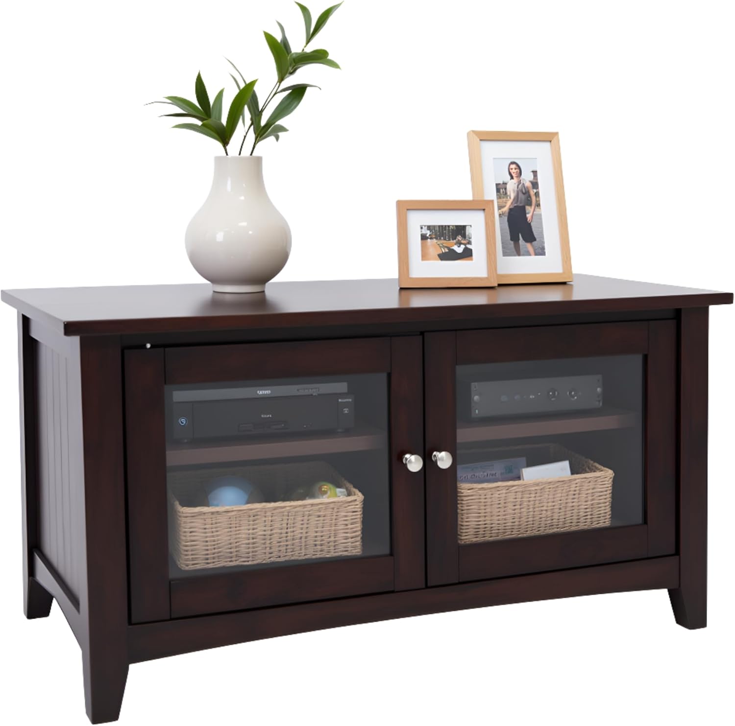 Shaker Cottage 36-Inch TV Stand – Media Console with Glass Cabinet, Adjustable Shelf, & Cord Management – Entertainment Center for Living Room or Bedroom by Alaterre Furniture (Espresso)