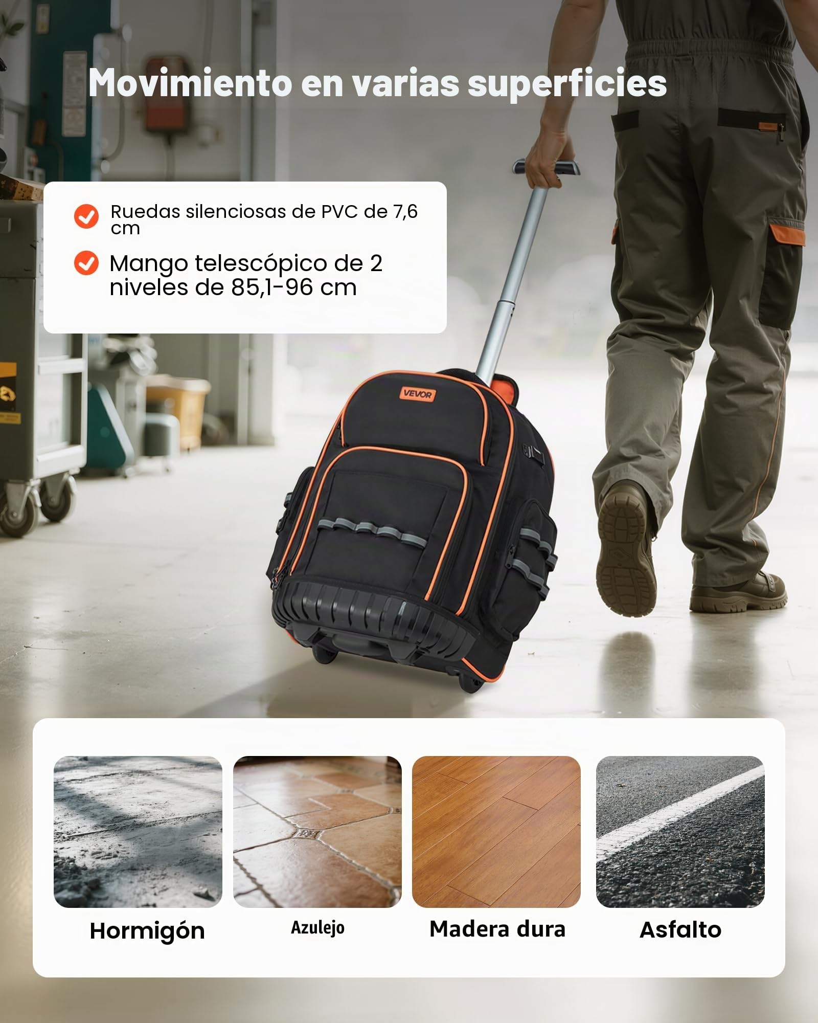 VEVOR Mochila con Ruedas de 440 x 250 x 480 mm Capacidad de Carga de 50 kg Mochila de Herramientas Resistente con 45 Bolsillos, Asa Telescópica Ajustable y Base Estable para Construcción y Mecánico