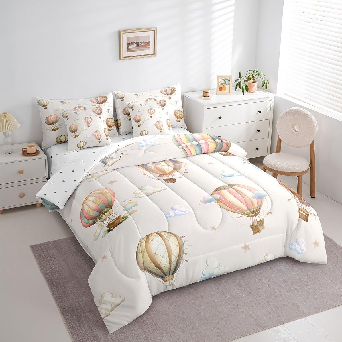クイーンサイズ 熱気球 掛け布団7点セット 雲星空 漫画 バルーン 寝具セット 男の子 女の子 ホワイトクレーン 鳥 動物 (掛け布
