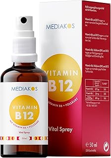 Mediakos® Vitamin B12 + B6 Spray mit 600µg Folsäure (B9) - Hochdosiert & Vegan - B 12 Vitamin Präparat mit Methylcobalamin...