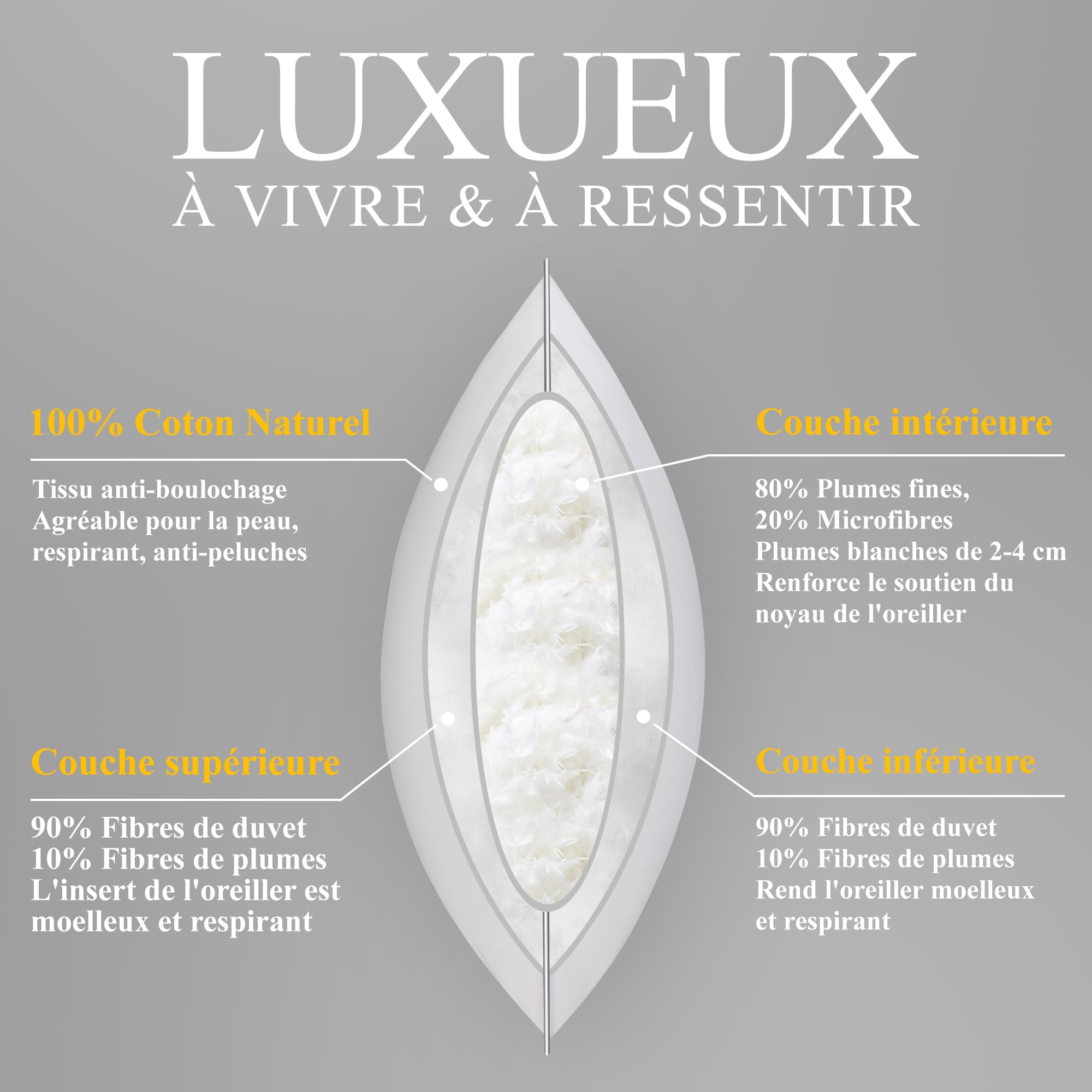 Oreiller 60x60 Plumes et Duvet Confort Oreillers Hôtel Coussin de Sommeil | Oreiller Plume 60x60, Coussins Hotellerie Luxe, Ergonomique Cervical Pillow pour Un Soutien Optimal, Certifié RDS et Oeko-TEX