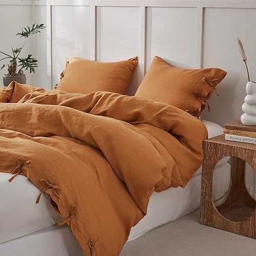 Miniatura 7 de Simple&Opulence Juego de funda de edredón 100% lino, 3 piezas con cierre de lazos de lazo, lino lavado francés natural, color sólido, suave,