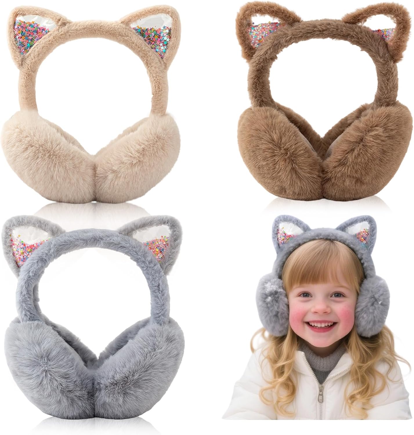 3Pcs Cute Cat Ear Earmuffs for Kids Fluffy Ear Muff for Women Foldable Fluffy Earmuffs Ear Warmer Fluffy Ear Cover Outdoor Headband Winter Accessories